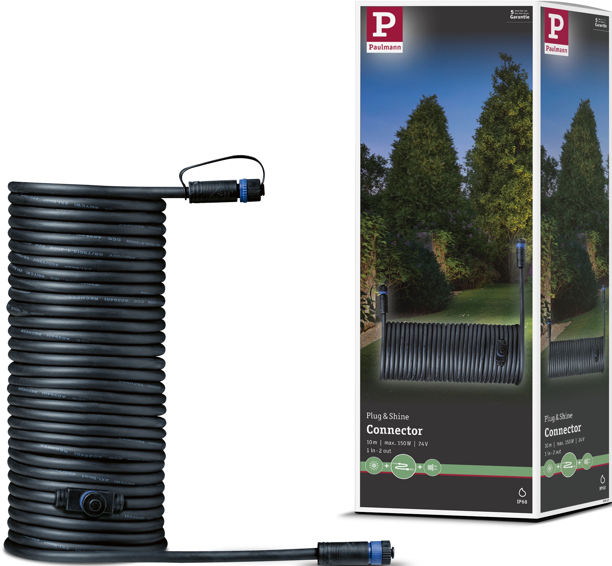 Lampen-Verbindungskabel PAULMANN, Ø:18,4mm, schwarz, Kabel, "Outdoor Plug&Shine 10m IP68", 1 in - 2 out