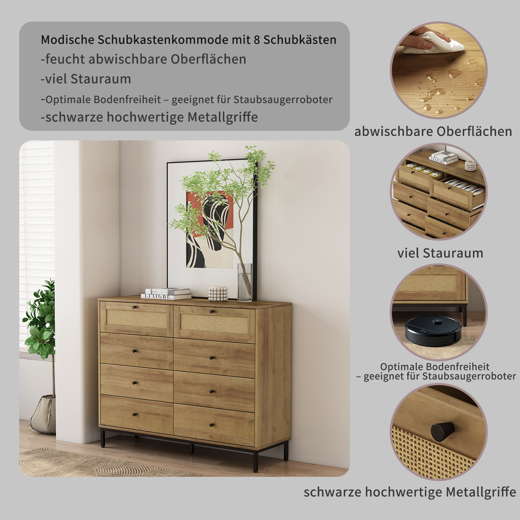 Thumbnail - OTTO home Kombikommode "Motala Wäsche Schrank mit 8 Schubladen Sideboard BOHO Design" Eichen-Design mit schwarzen Griffe...