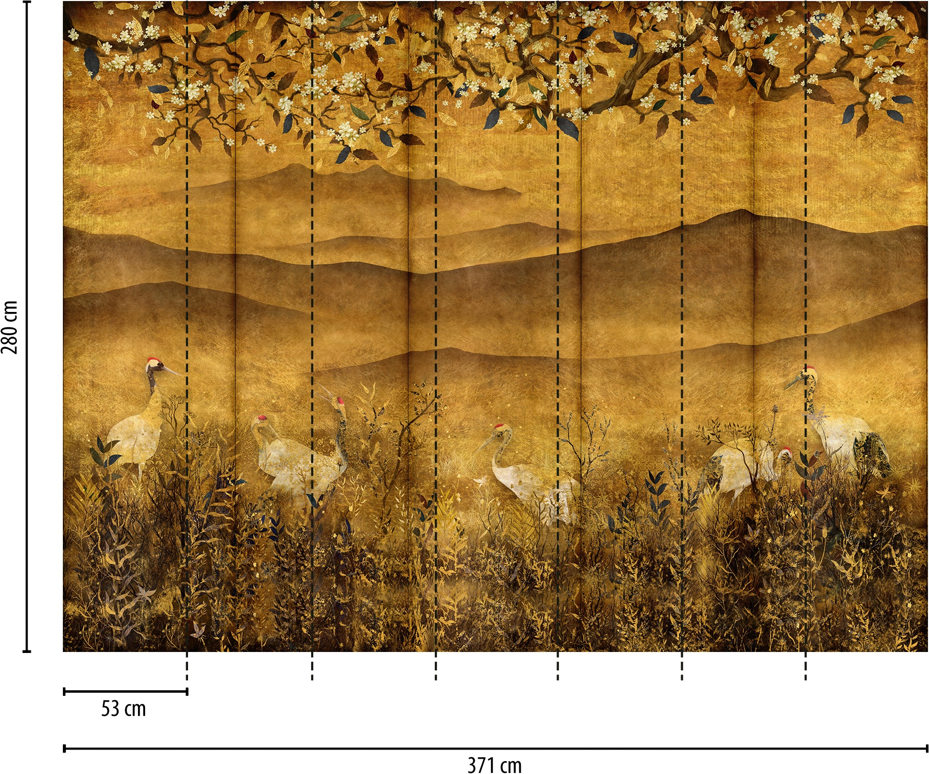 living walls Fototapete »The Wall 4 Flowers – Goldene Berge mit Blüten und Vögeln Fototapete« botanisch | floral | matt leicht strukturiert Goldene Berge mit Blüten und Vögeln – atmosphärischer Tiefe