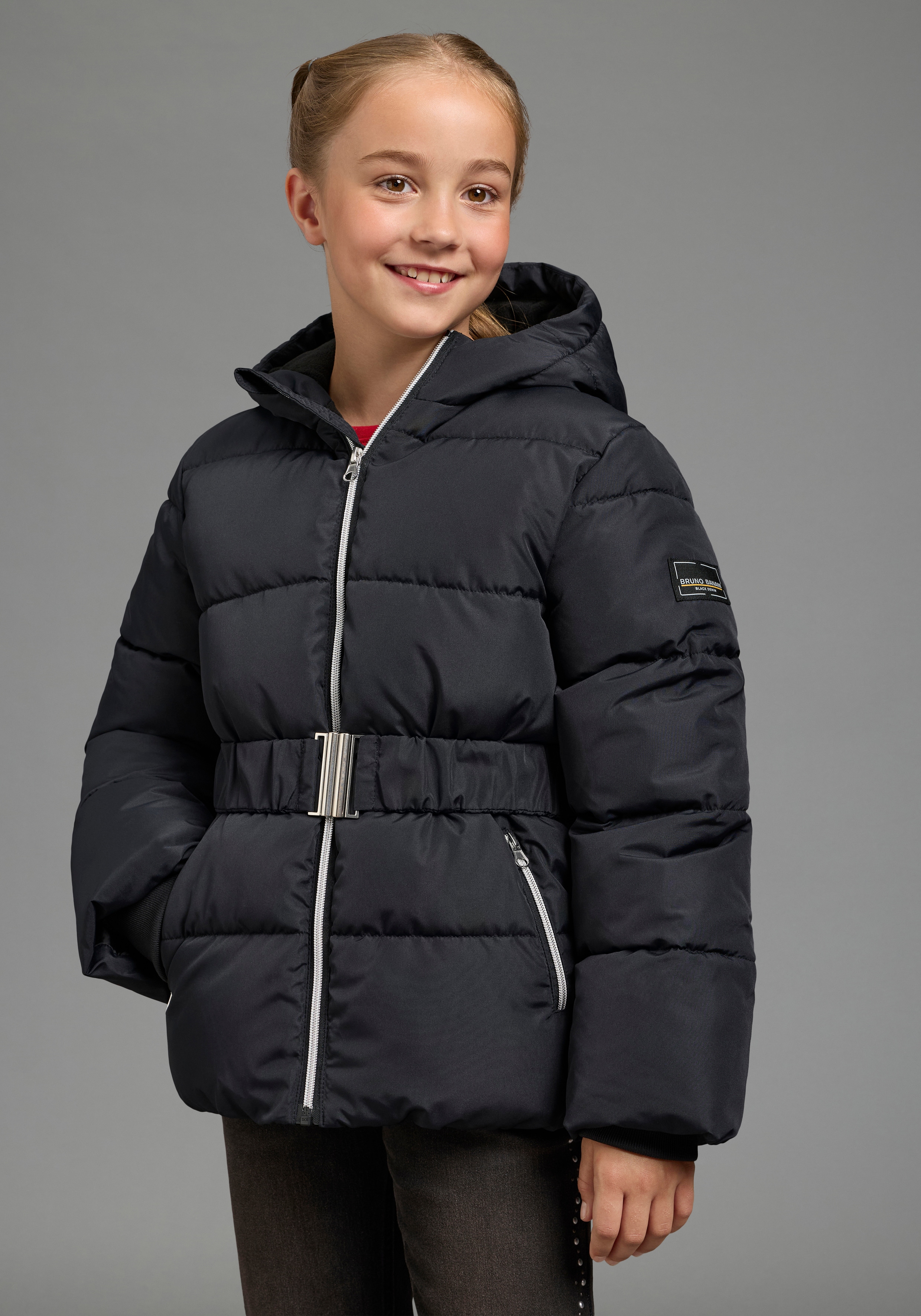 Bruno Banani Winterjacke "Winterjacke mit modischen Gürtel, macht eine schöne Silhouette" mit Kapuze Warme Jacke mit modischem Schnallengürtel und Kapuze, fleecegefüttert