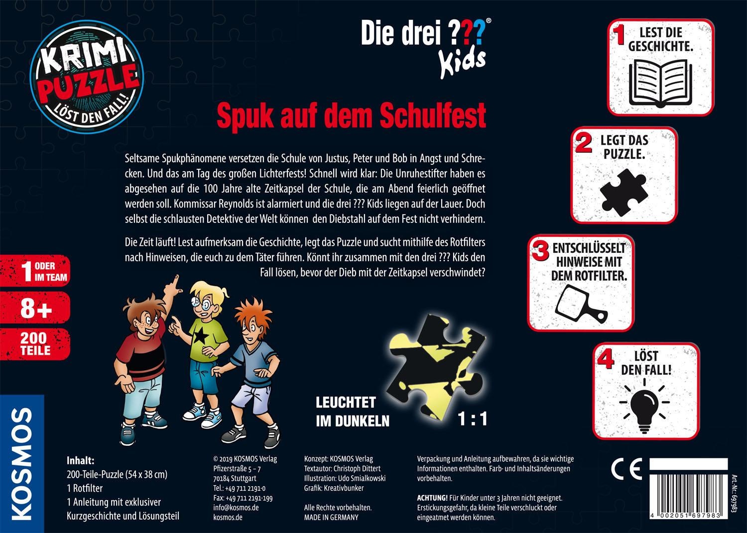 Kosmos Puzzle »Krimipuzzle Die drei ??? Kids 200 Teile / Spuk auf dem Schulfest«, leuchtet im Dunkeln, Made in Germany