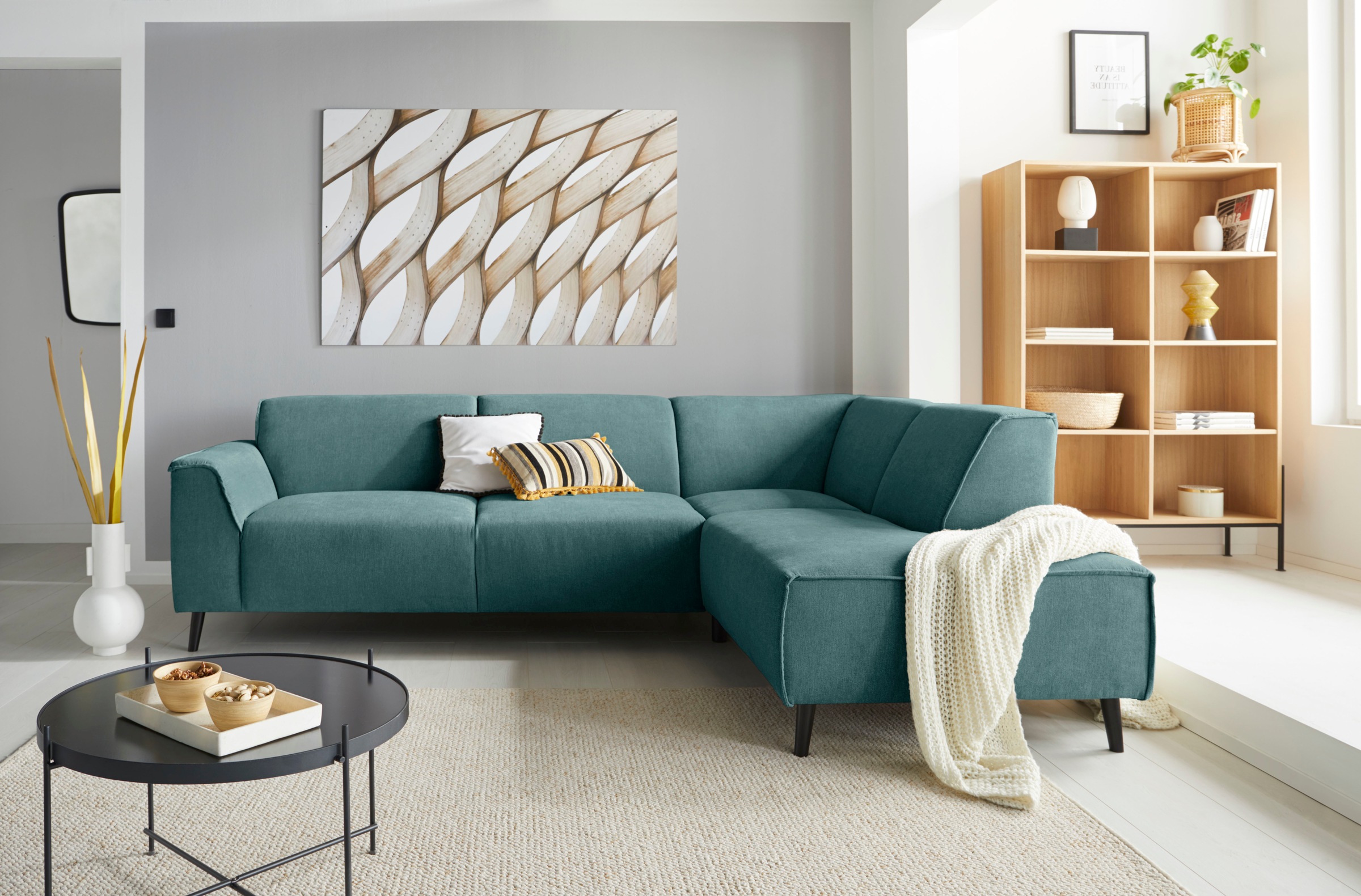 DOMO collection Ecksofa "Amora, bequem und zeitlos, L-Form" mit Federkern, Fußhöhe passend für gängige Saugroboter