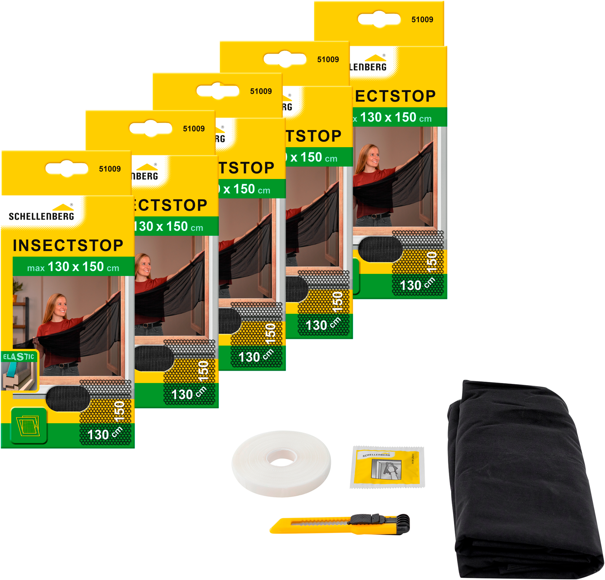 SCHELLENBERG Fliegengitter-Gewebe "Elastic ohne bohren", B/H: 130cm x 150cm, 5er Pack, grau, Insektenschutzgitter, elastischer Insektenschutz für