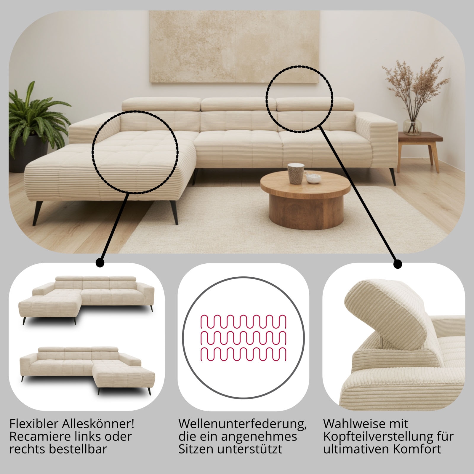 DOMO collection Ecksofa »Trento L-Form, mit Kufenfuß oder Einzelfuß«, wahlweise mit Kopfteilverstellung, Recamiere links/rechts bestellbar