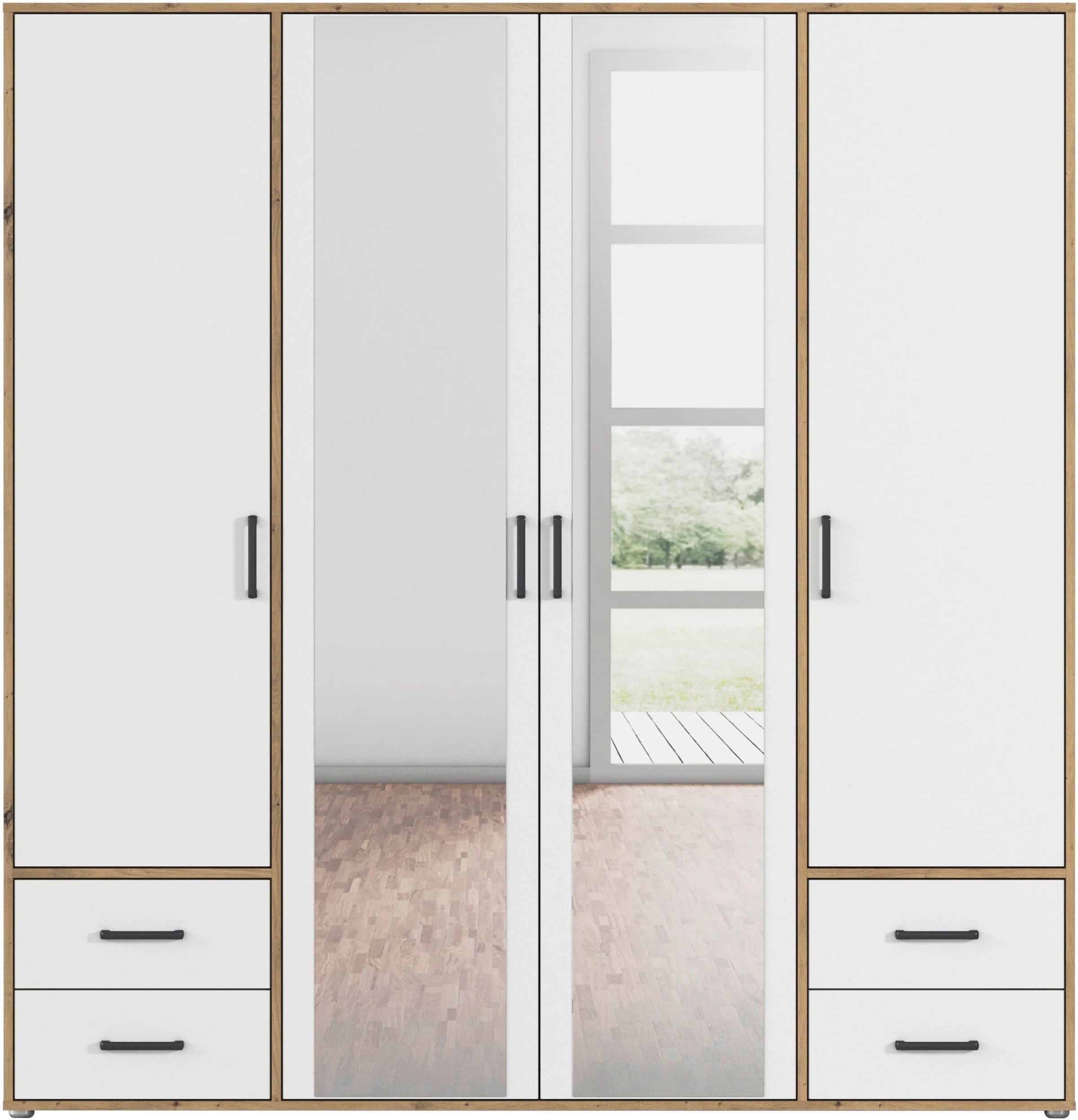 rauch Drehtürenschrank »Kleiderschrank Schrank Garderobe Wäscheschrank VOYAGER«, (in 3 verschiedenen Ausstattungen BASIC/CLASSIC/PREMIUM), mit modernen Griffen in Graumetallic, inkl. Schubkästen und Spiegel