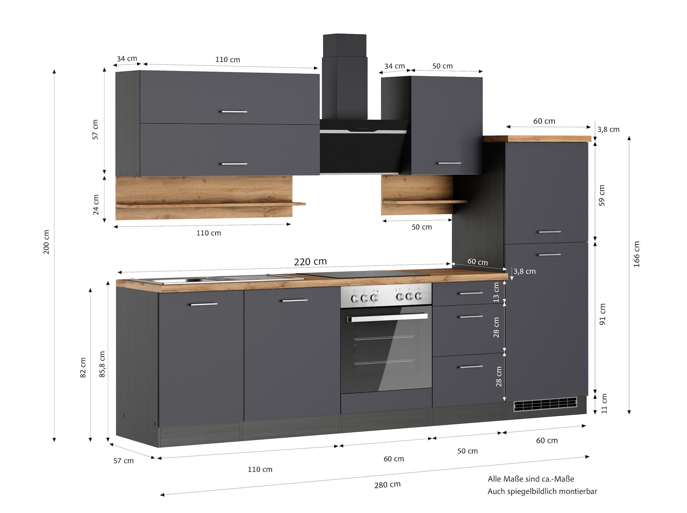 KOCHSTATION Küchenzeile »KS-Milan«, 280 cm breit, robuste Metallauszüge, viel Stauraum