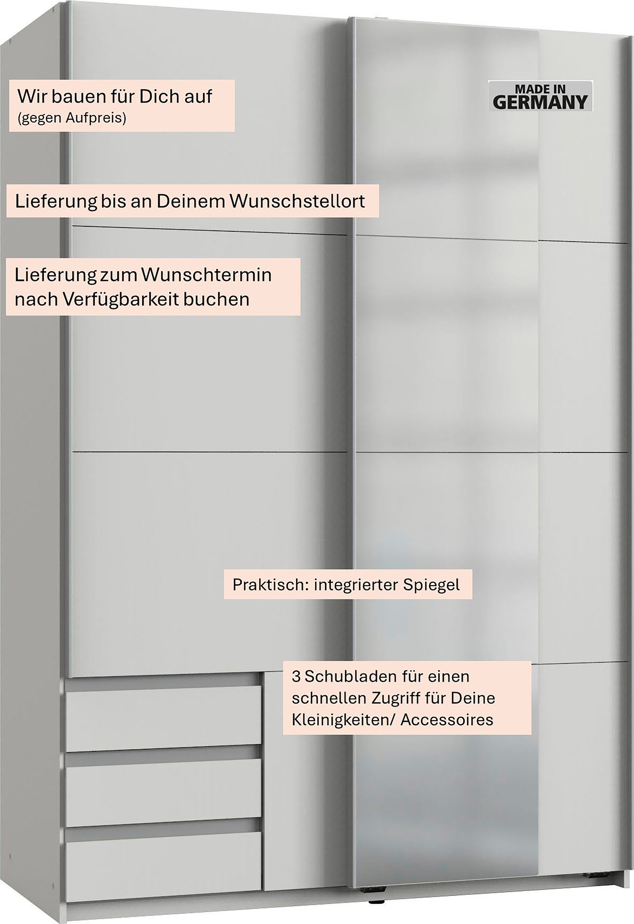 Wimex Schwebetürenschrank »Emden moderner Kleiderschrank mit Spiegel und Schubladen BESTSELLER«, Schlafzimmer Schrank Garderobenschrank mit Schwebetüren Topseller