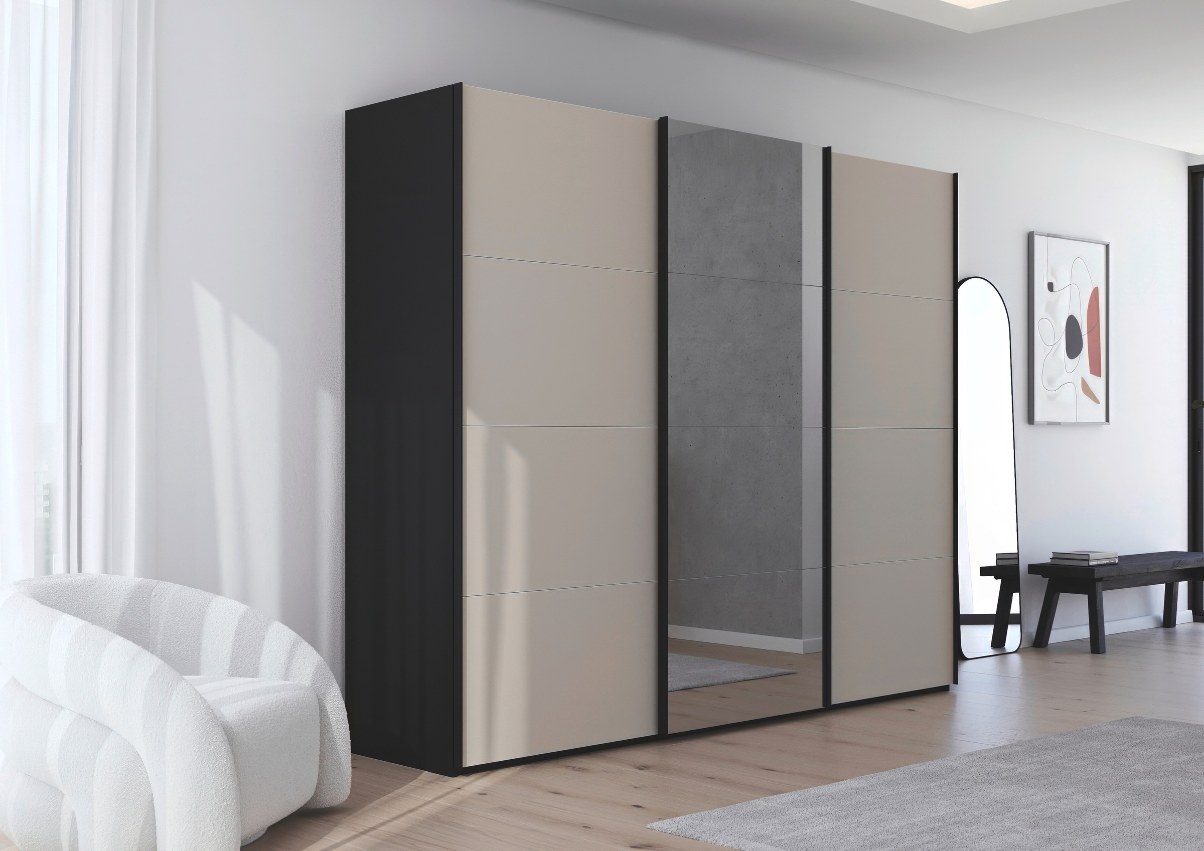 rauch Schwebetürenschrank »Kleiderschrank Schrank Garderobe Schlafzimmerschrank SCALE-FYRA«, edle viergeteilte Türen Spiegel/Glas-Mix viele Farben MADE IN GERMANY