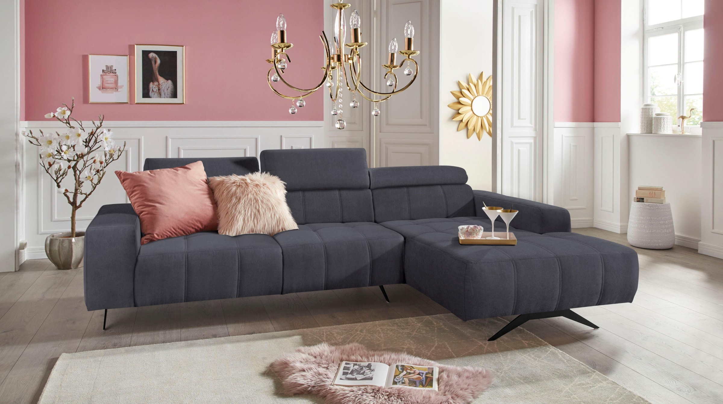 DOMO collection Ecksofa »Trento L-Form, mit Kufenfuß oder Einzelfuß«, wahlweise mit Kopfteilverstellung, Recamiere links/rechts bestellbar