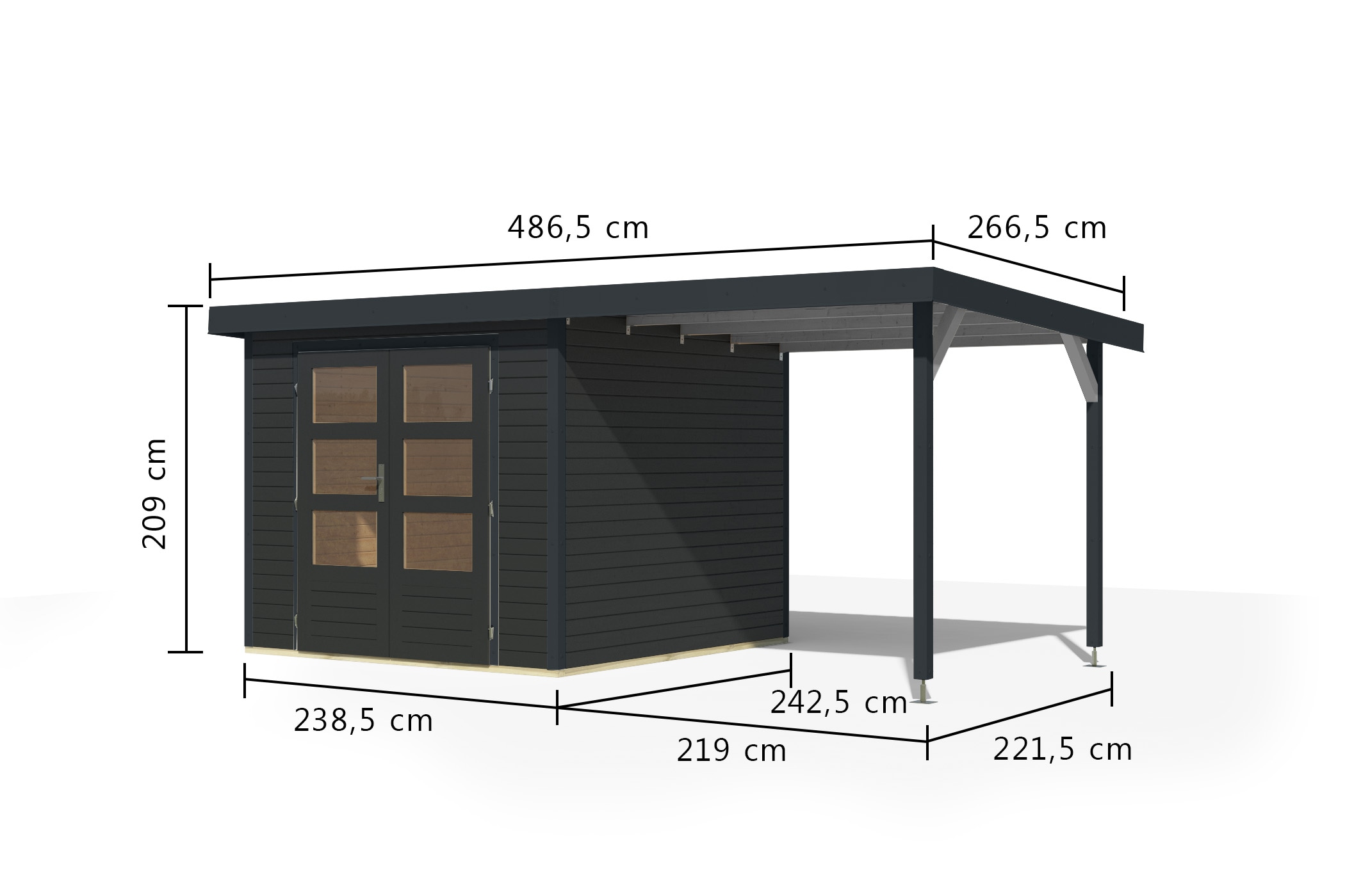 Karibu Gartenhaus »"Jupiter 3,5 C" SET anthrazit, mit Anbaudach 2,35 m breit«, hochwertige Materialien: nordische Fichte, Stahlecken, Trapezblechdach