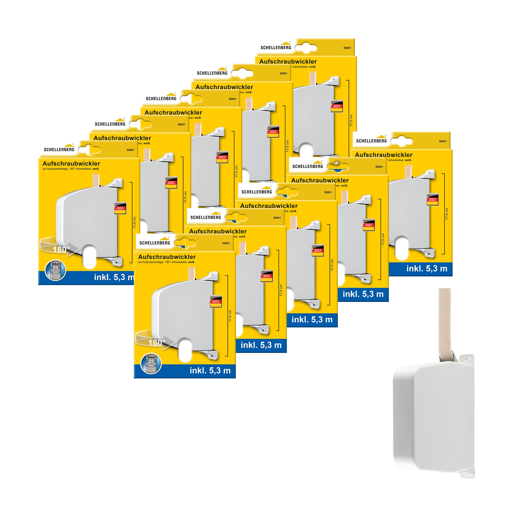 SCHELLENBERG Aufputz-Gurtwickler "Aufschraubwickler für das Rollladensystem Maxi" Set, 10 Stk. tlg. schwenkbar, mit vormontiertem Rollladengurtband, weiß oder braun