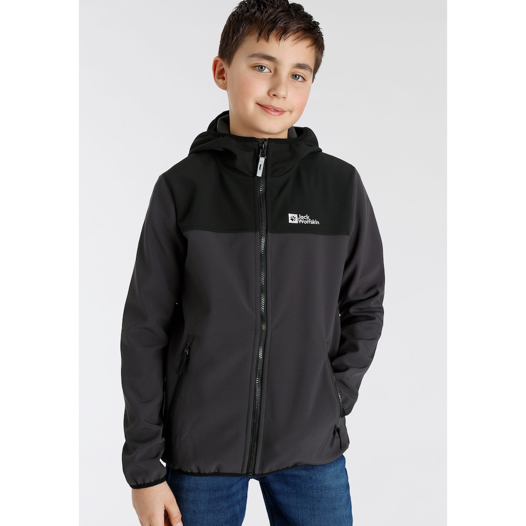 Jack Wolfskin Softshelljacke »FOURWINDS JACKET KIDS«, mit Kapuze, mit farblich abgesetzten Details