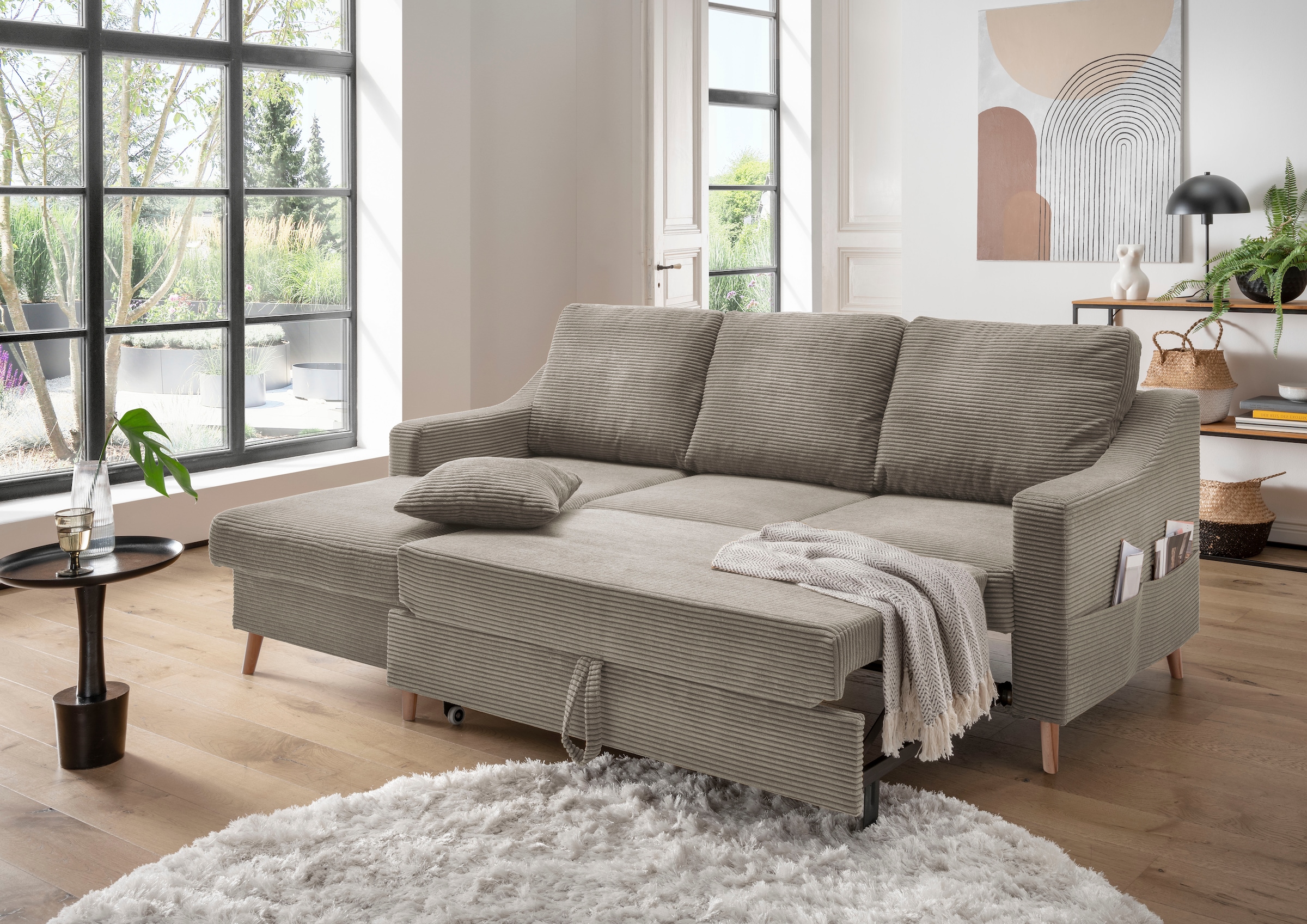 INOSIGN Ecksofa »Valentina L-Form«, 2 Zierkissen, mit Seitentasche, ausziehbarer Liegefläche, Bettkasten