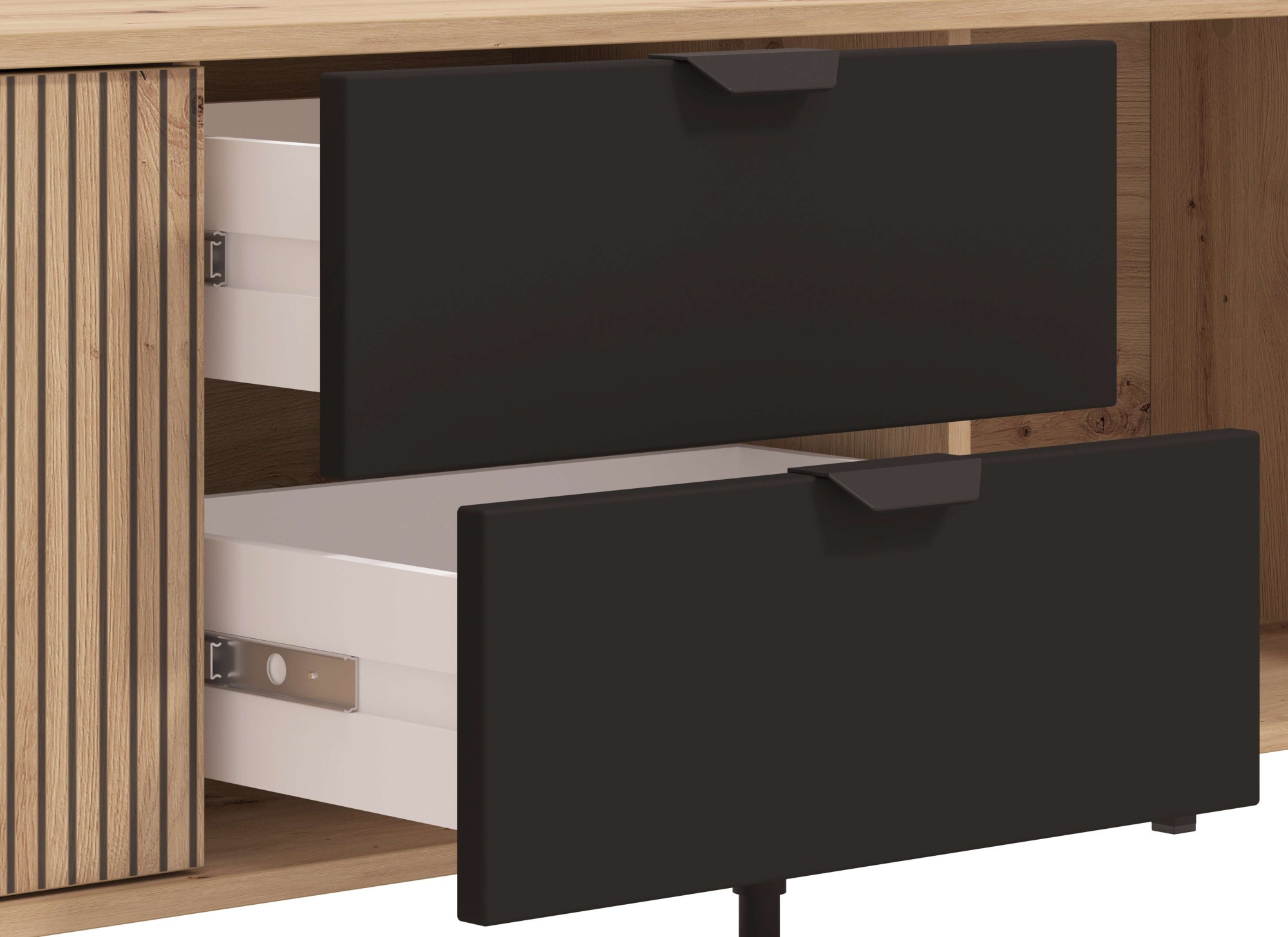 Home affaire Lowboard »Mayenne TV-Lowbord, Breite 208 cm«, Kommode mit 3 Türen mit Rillen-Optik, 2 Schubkästen