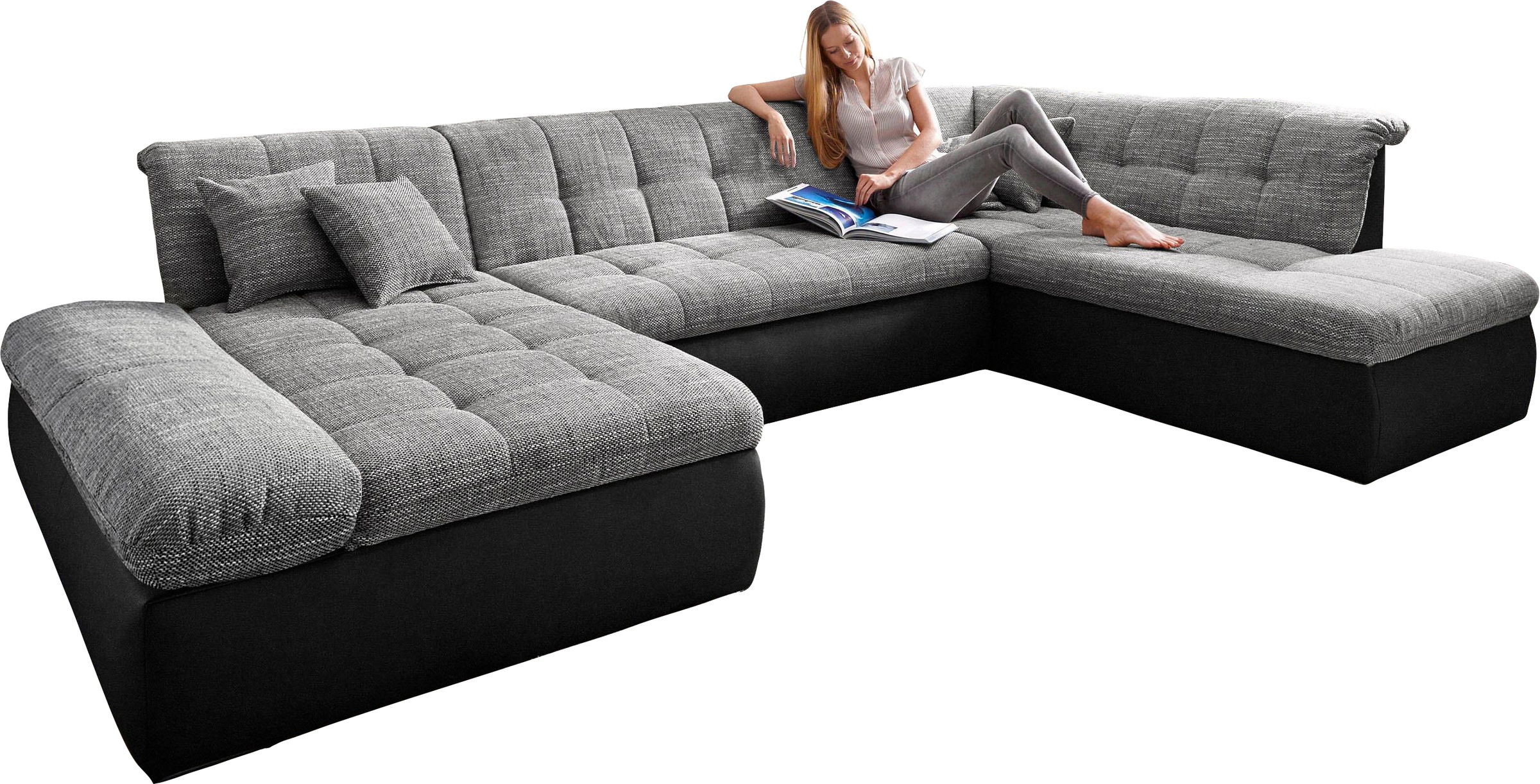 DOMO collection Wohnlandschaft "MORIC 353x216x80 cm, mit viel Platz, U-Form, auch in Cord" im XXL-Format, wahlweise mit Bettfunktion und Armlehnenverstellung
