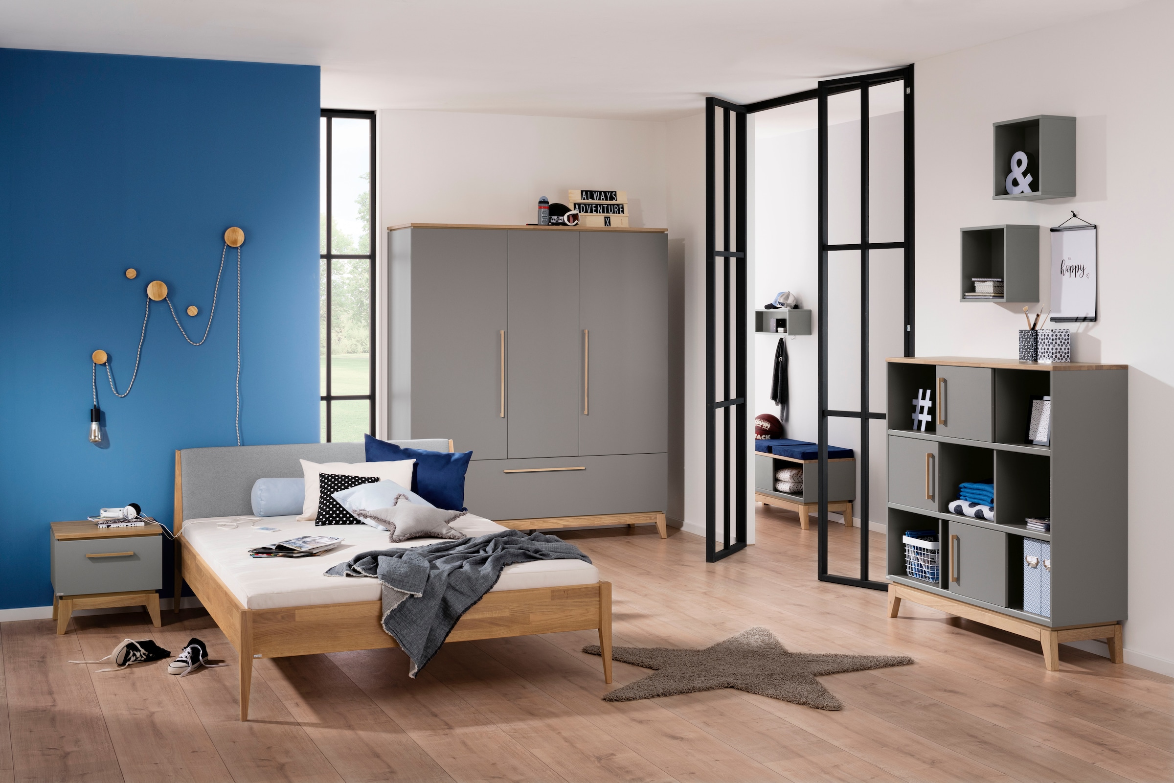 PAIDI Kleiderschrank »STIENE in Beige oder Grau, 3 Türen und 1 Schublade mit Soft-Close« B/H/T ca. 170/200/57cm,  inkl Kleiderstange + Einlegeböden, Kleiderschrank mit Eiche Massivholz
