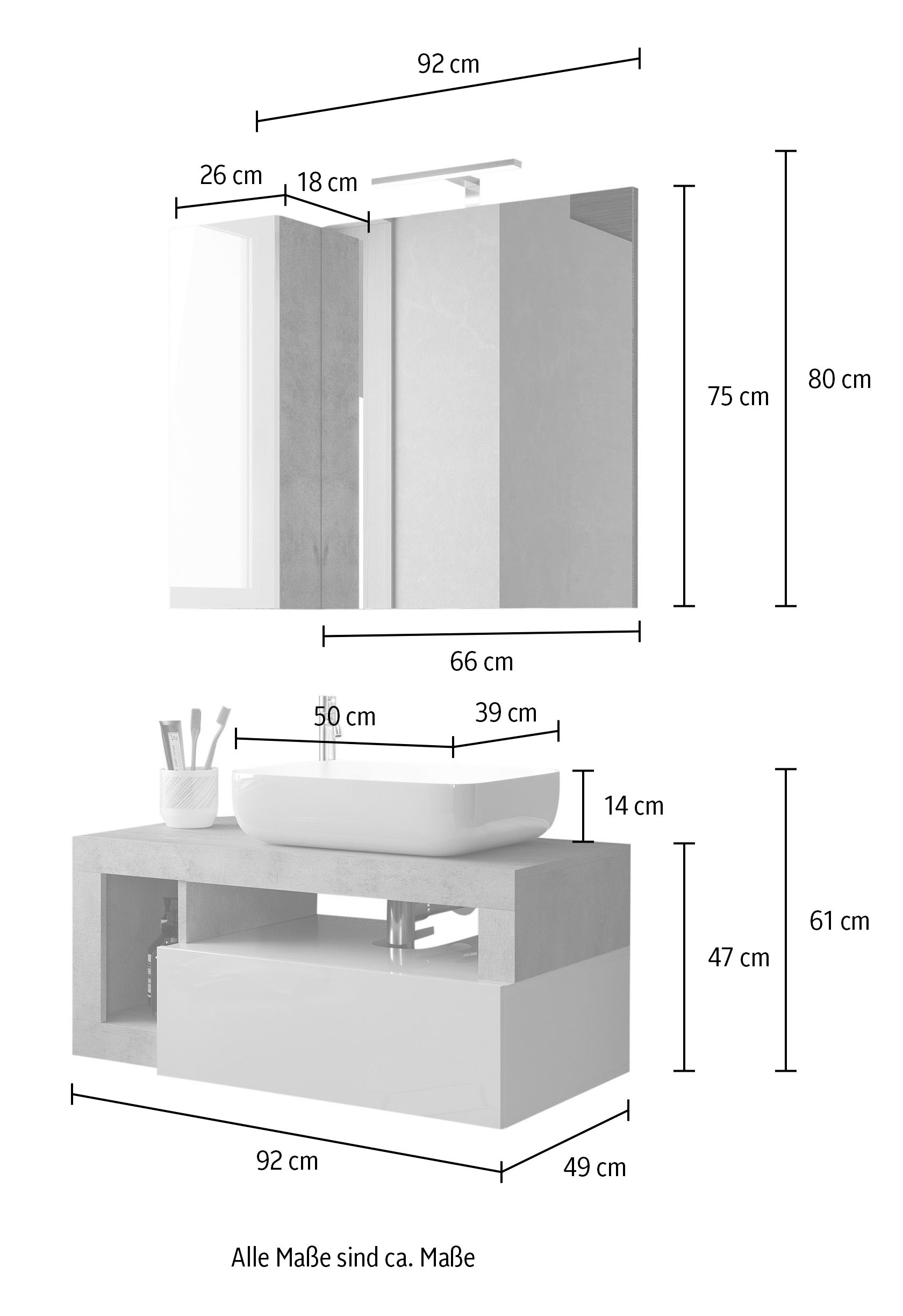 welltime Badmöbel-Set »Hamburg, Badezimmerset 2tlg. Breite 92 cm, Badmöbel, Waschtisch inkl.«, (Spar-Set, 2 St.), Waschbecken, Spiegelschrank mit LED Aufbauleuchte, Soft-Close-Funktion