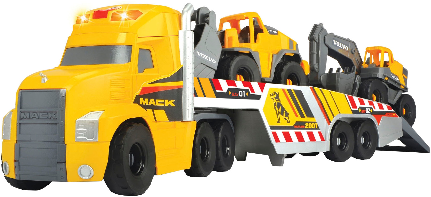 Dickie Toys Spielzeug-Baumaschine »Mack/Volvo Heavy Loader Truck«, (Set), mit Licht und Sound