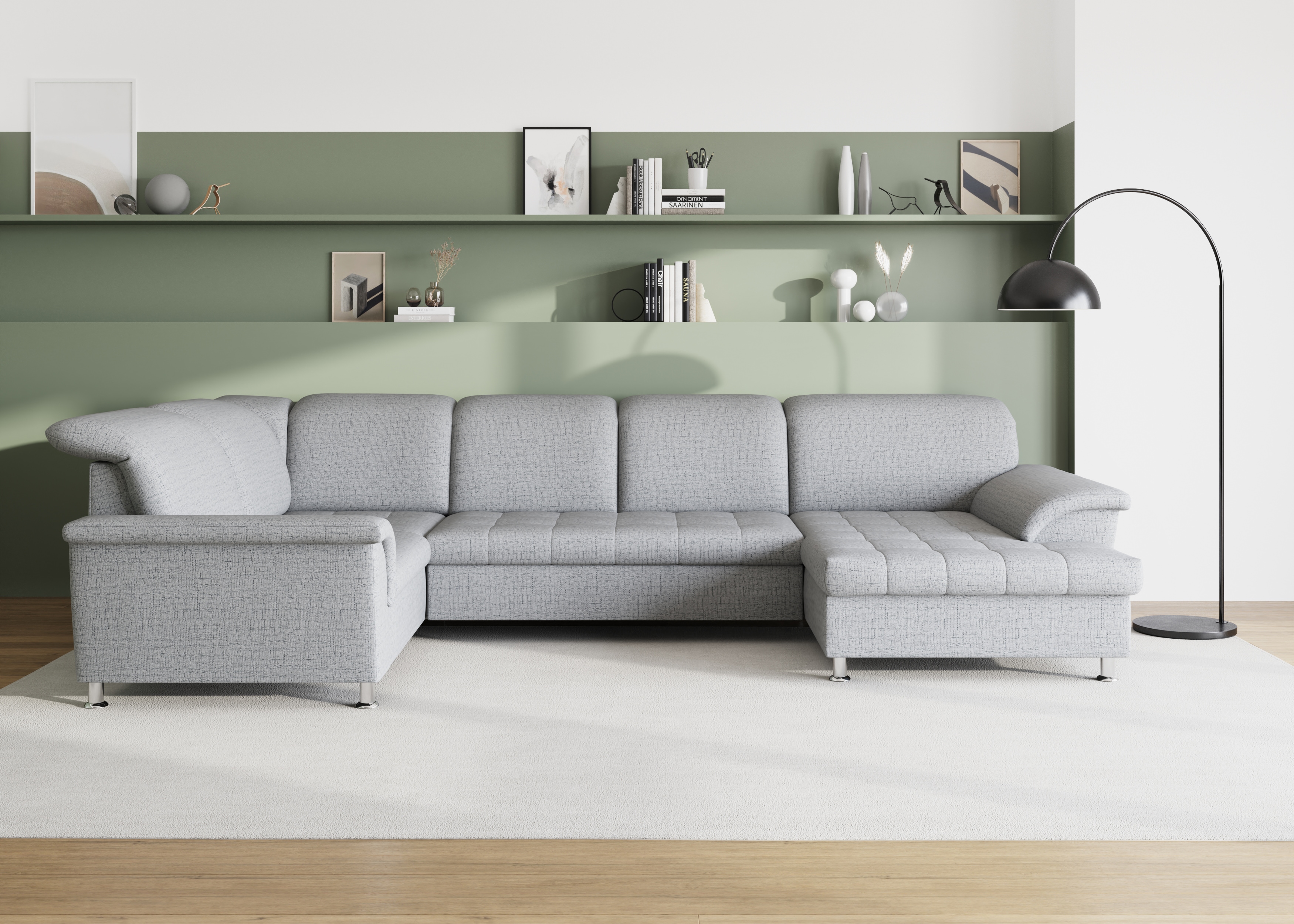 DOMO collection Wohnlandschaft "FRANZI 344x206x81 cm, elegant, komfortabel" U-Form, Recamiere rechts, silber, B/T: 344/206 cm