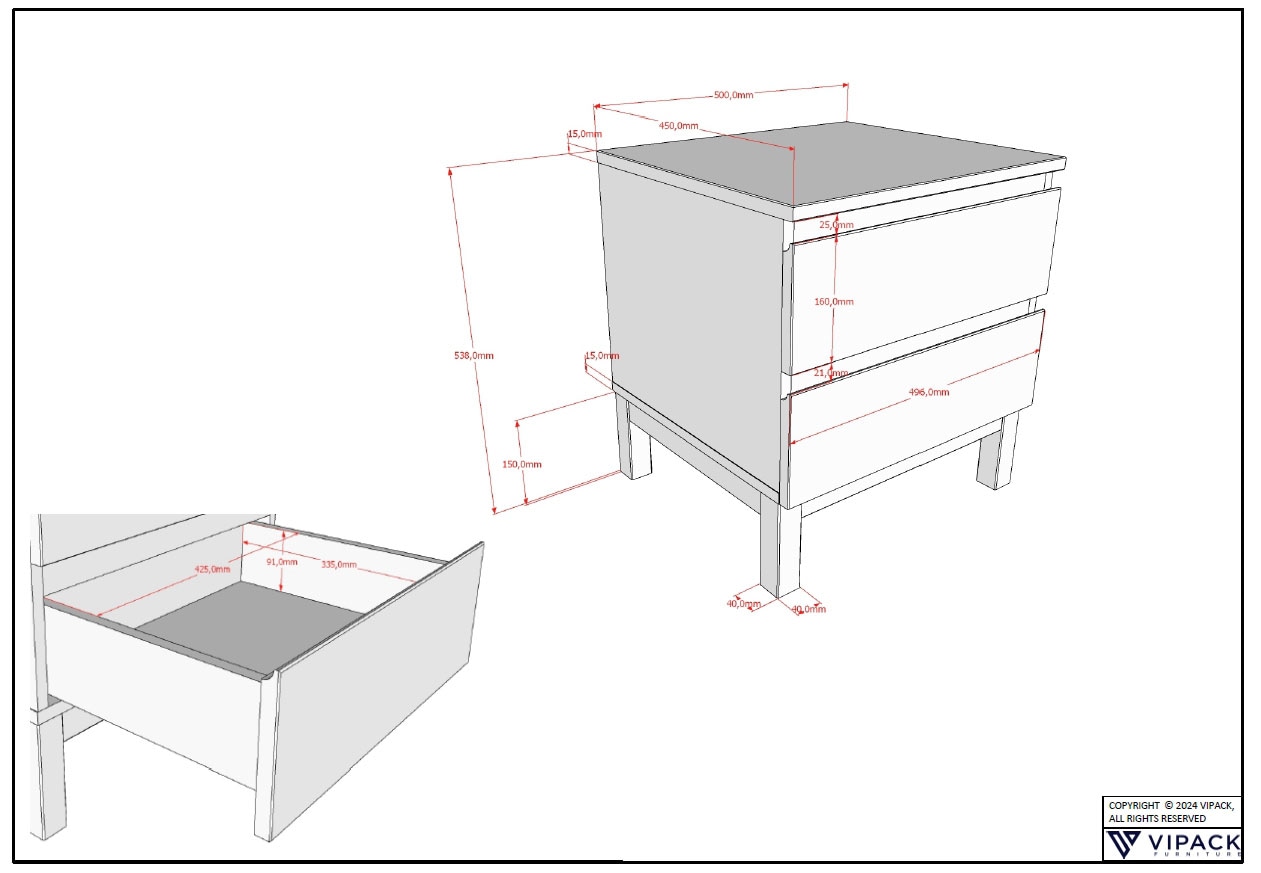 Vipack Nachttisch »kann rechts oder links angestellt werden, man hat alles griffbereit«, inkl. 2 geräumigen Schubladen (Soft-Close), Ausf. weiß lackiert