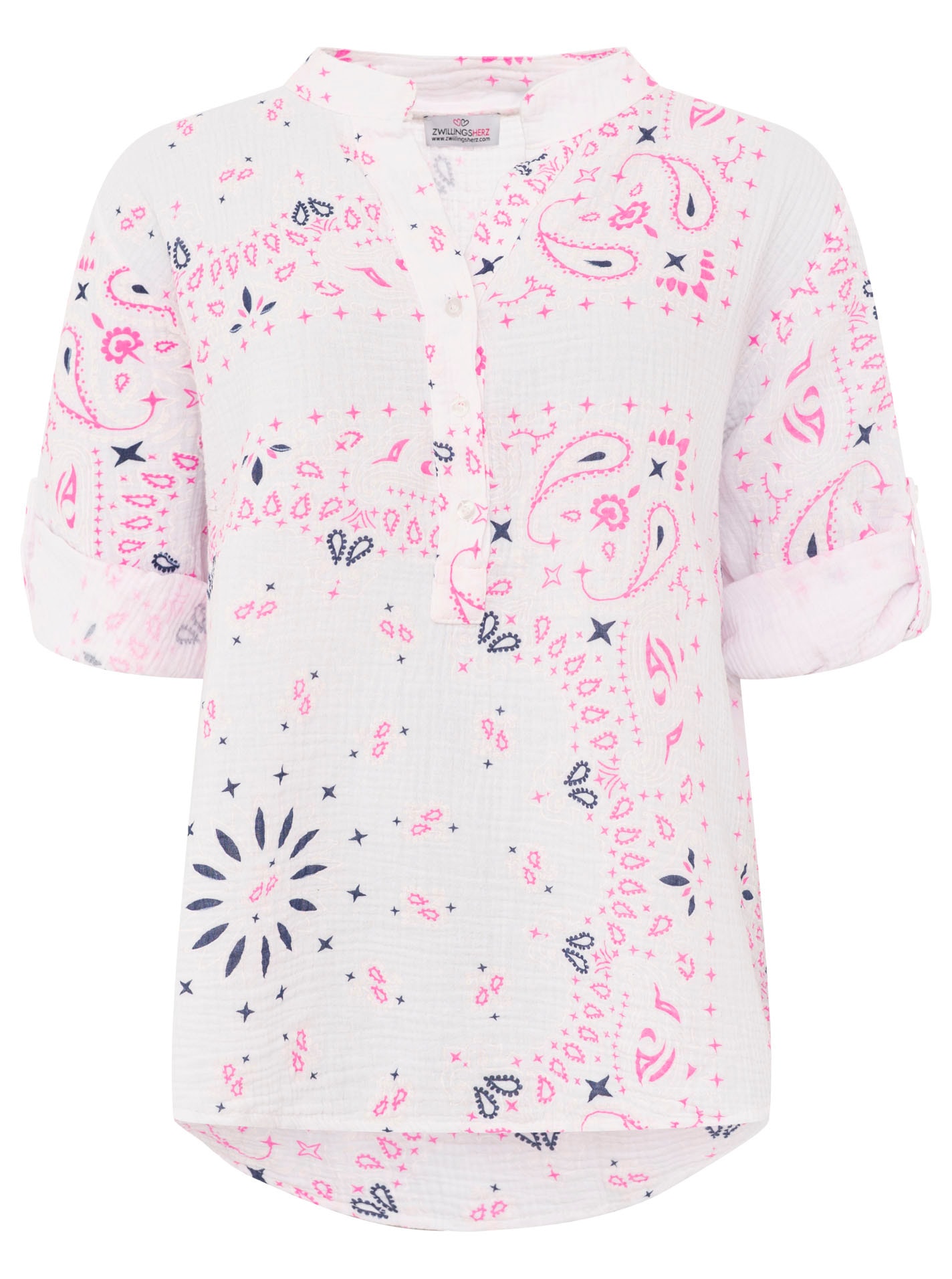 Zwillingsherz Kurzarmbluse »"Paisley Dreams"« Musselin, Paisley Muster, umgeschlagene Ärmel, V-Neck mit Knopfleiste