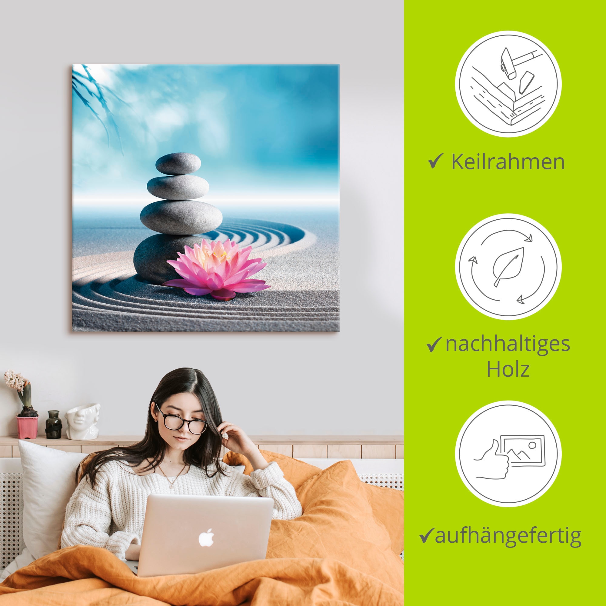 Artland Wandbild »Sand, Lilie und Spa-Steine in Zen-Garten«, Zen, (1 St.), als Alubild, Outdoorbild, Leinwandbild, Poster in verschied. Größen