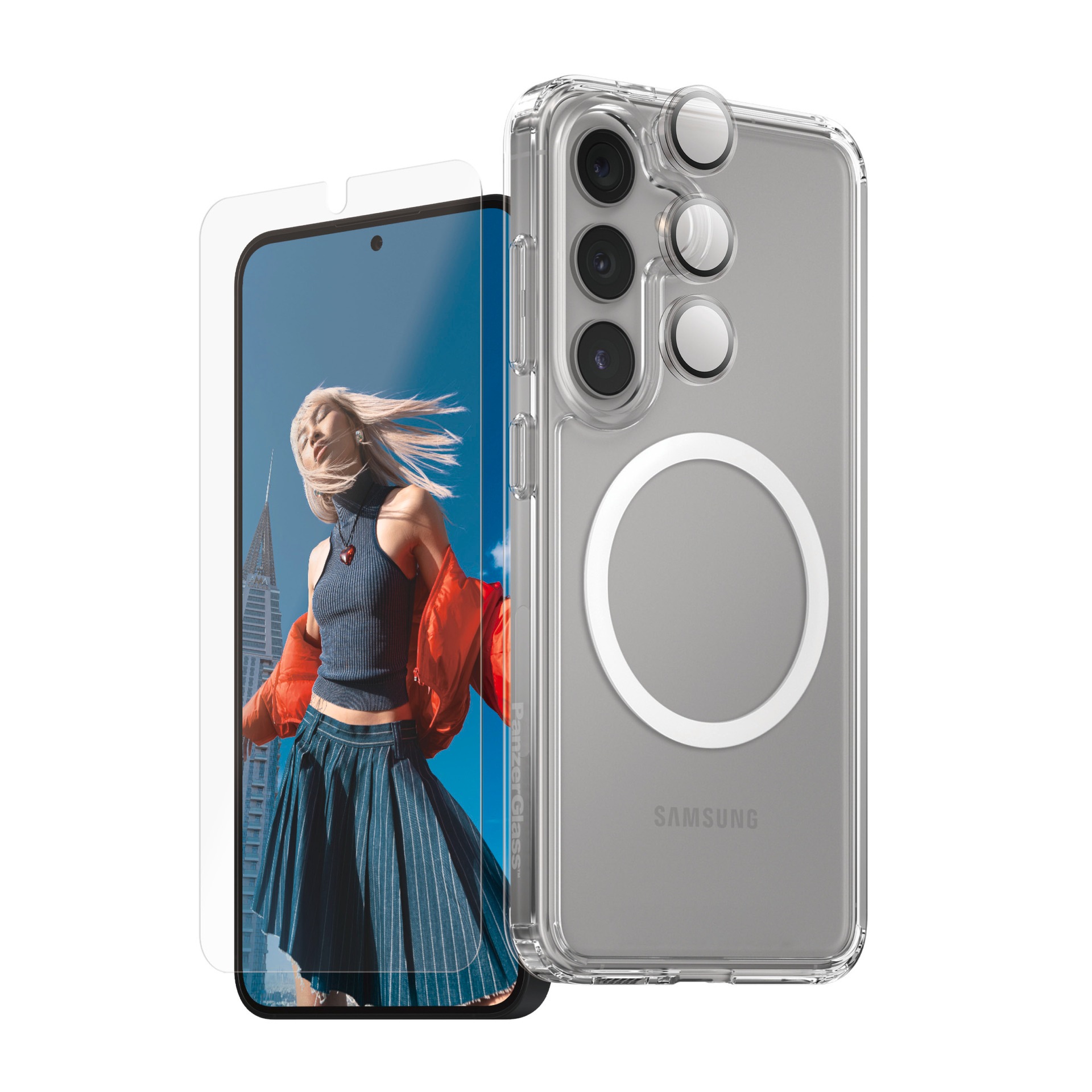 CARE by PanzerGlass Displayschutzglas »3-in-1 Protection Set«, für Samsung Galaxy S25, Displayschutzfolie, Schutzfolie, Bildschirmschutz, kratz- & stoßfest