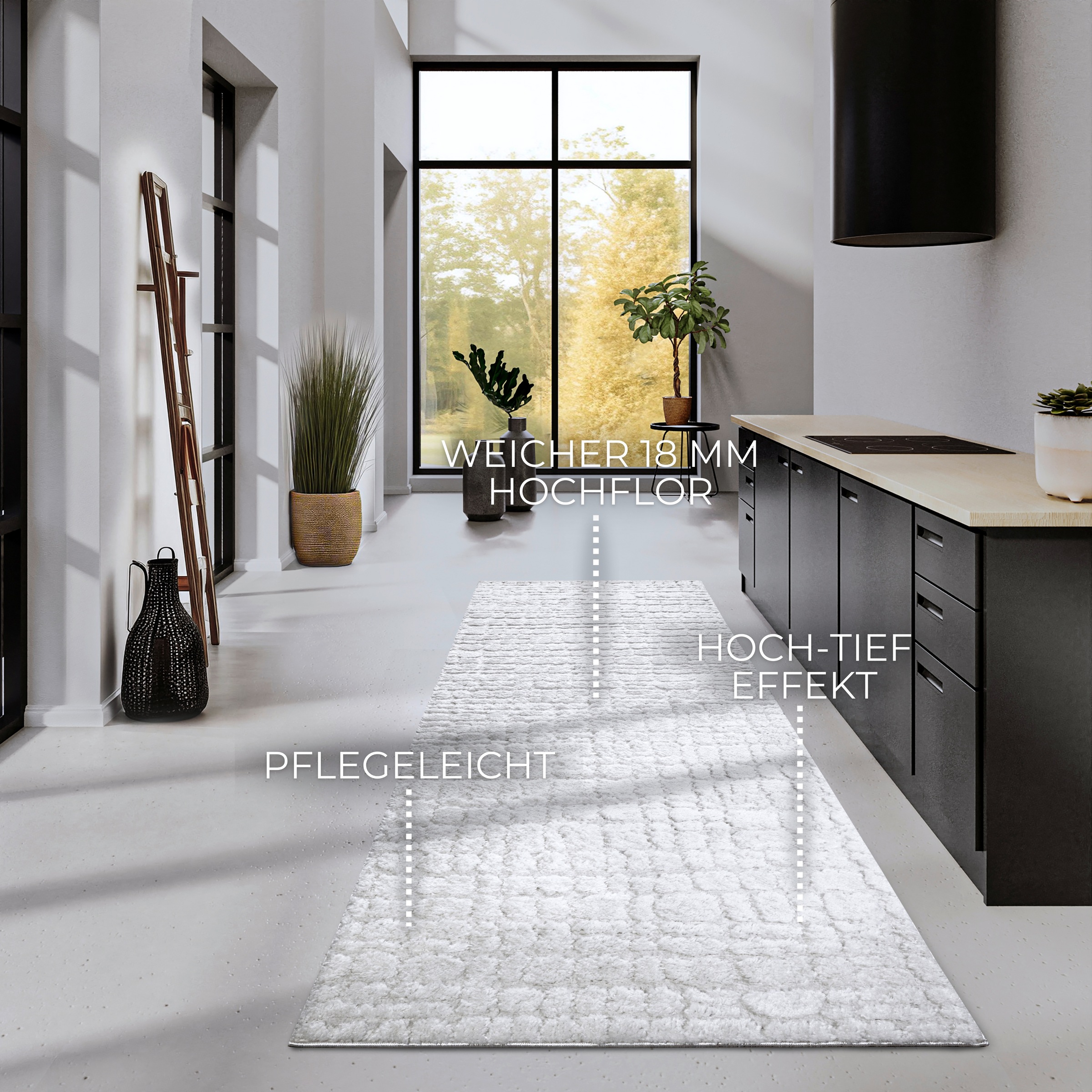 Designteppich ELLE DECORATION "Artistique", weiß (cremeweiß), B:80cm H:18mm L:240cm, Polyester, Teppiche, Hochflor, Shaggy, Läufer, weich, Langflor, modern, Hoch Tief Effekt 2