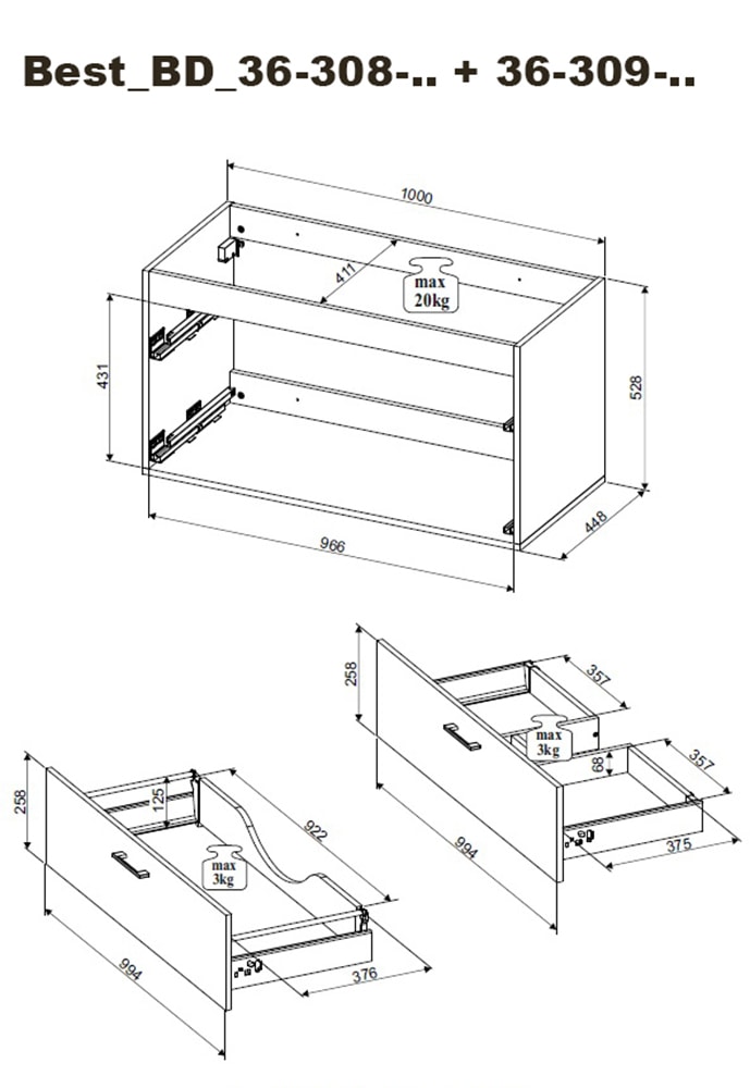 BASIC by Balculina Badmöbel-Set »Best«, (3 St.), Breite 185 cm,Badezimmerset 3-tlg, Softclose