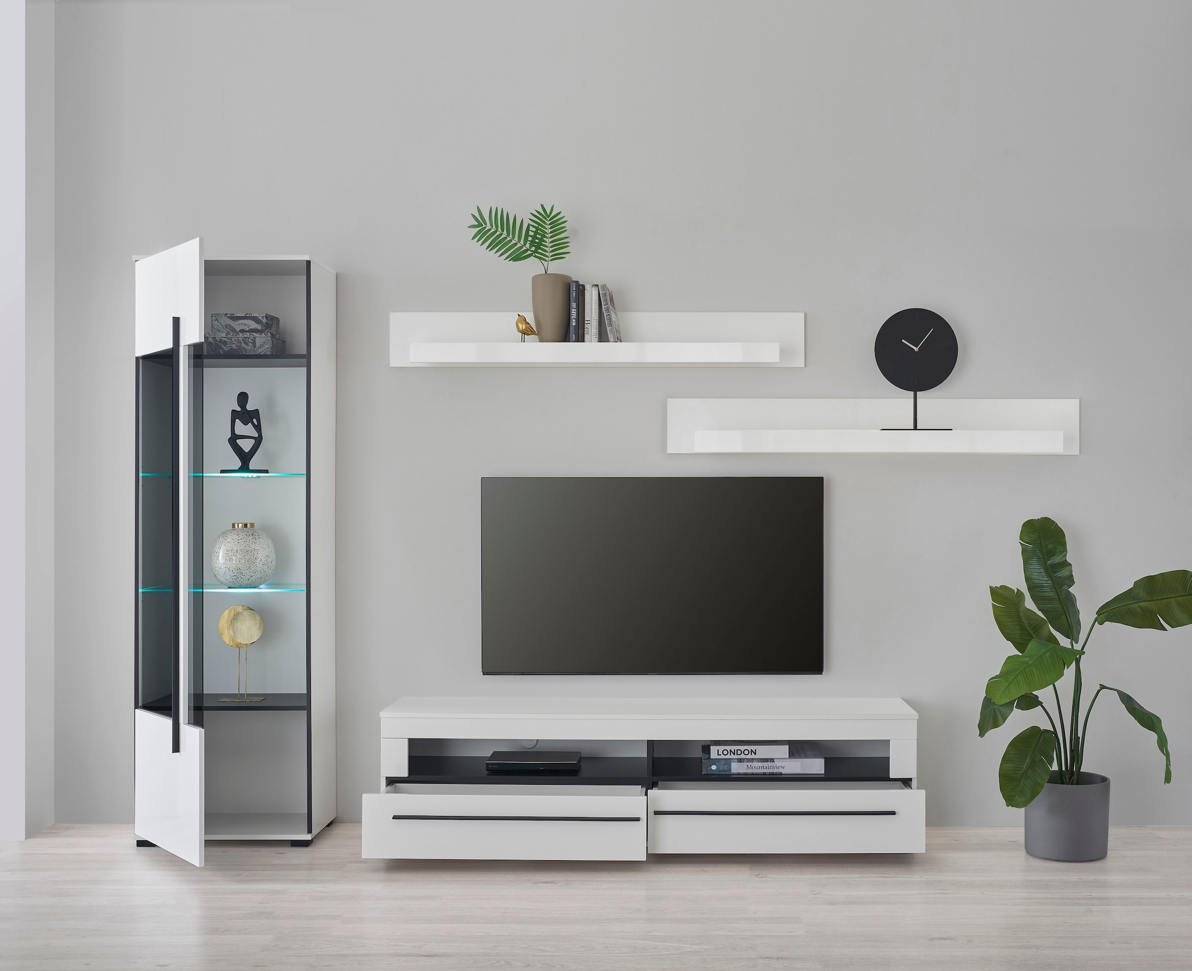 INOSIGN Wohnwand »Cantara, moderne Anbauwand, Wohnzimmer-Set, in Eiche Evoke oder Weiß«, (Set), enthält eine Vitrine, ein Lowboard und zwei Wandboards