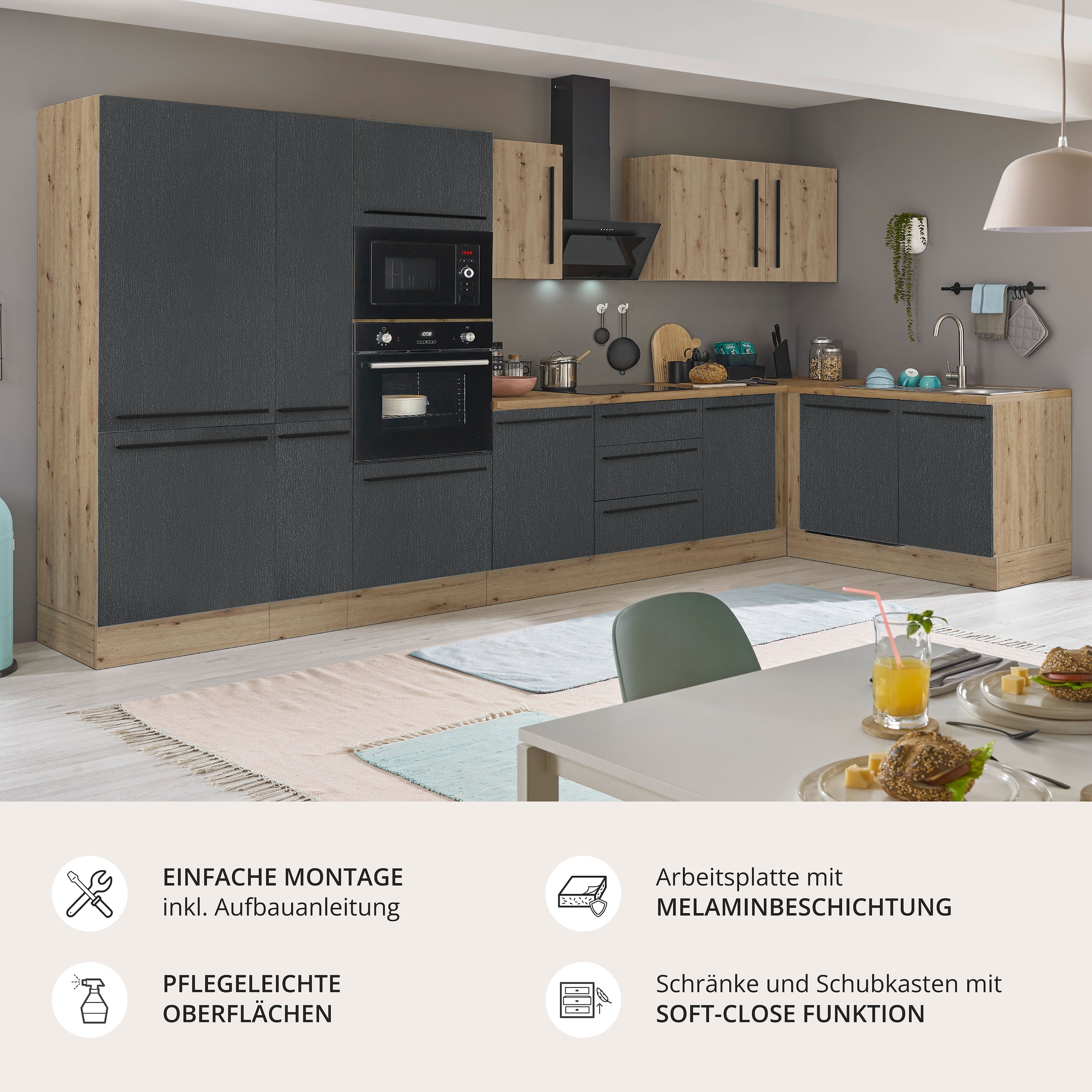 KOCHSTATION Winkelküche »Florida, Stellbreite 370x175 cm« wahlweise mit E-Geräten, mit Softclose für Türen und Schubkästen