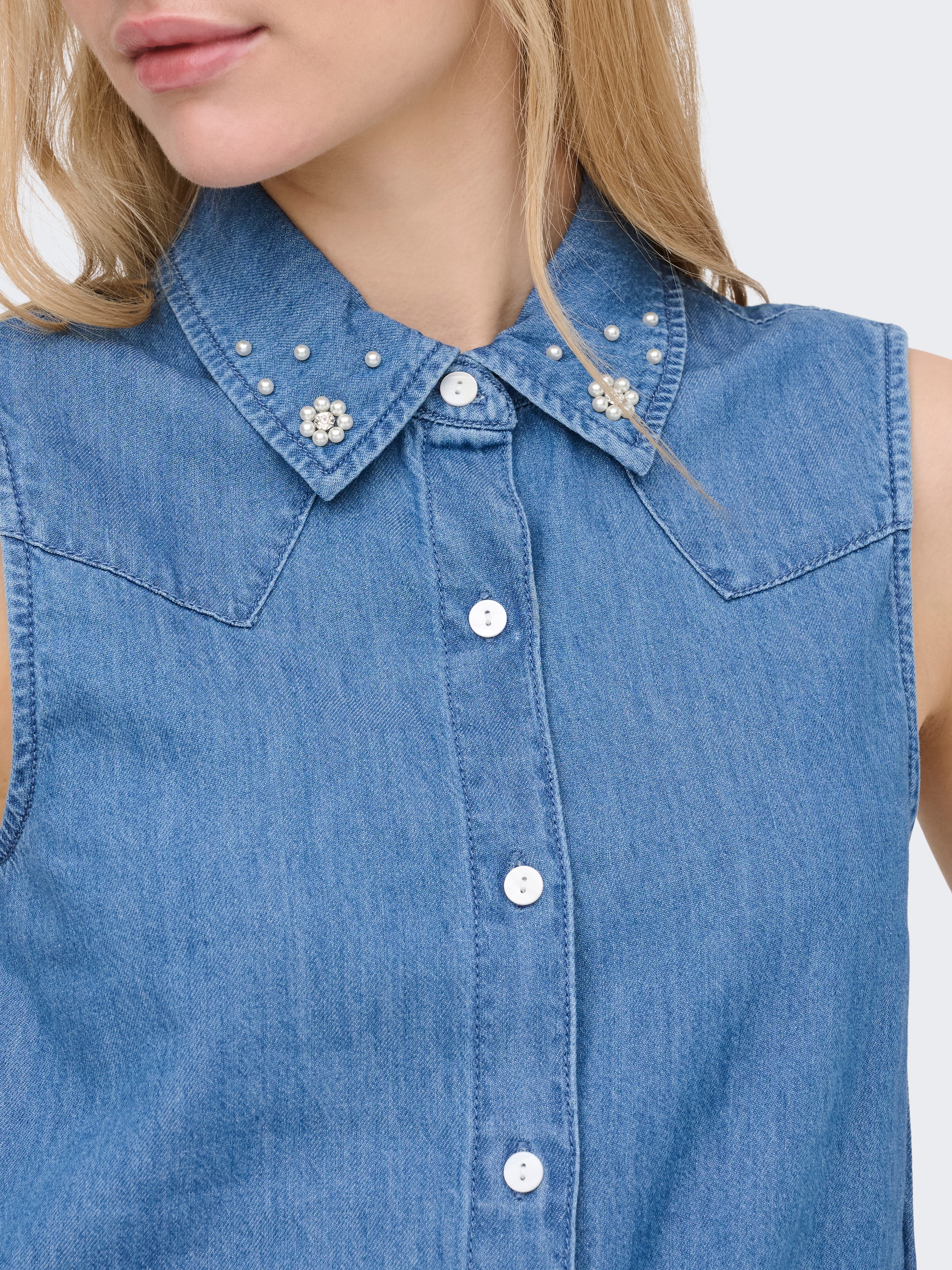 ONLY Jeansbluse »ONLBRIAR S/L PEARL KNOT SHIRT DNM QYT« Baumwolle