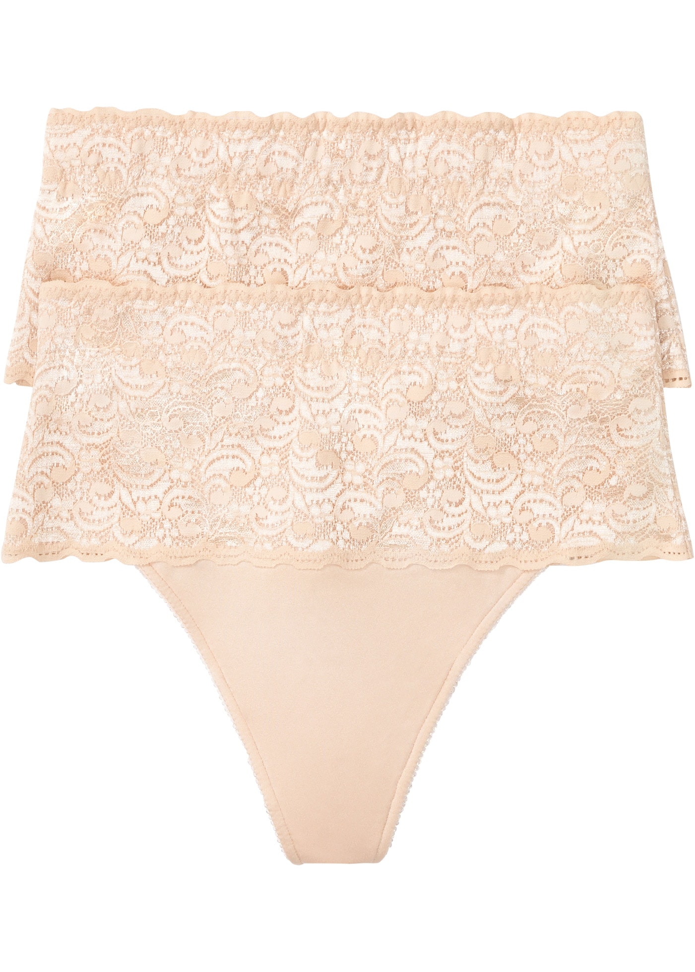 bonprix String Packung, 2 Stk. mit breitem Spitzenbund, elastisches Material, figurbetonte Passform