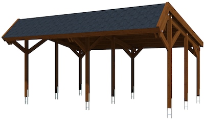 Doppelcarport »Harz«, Nadelholz, 291 cm, Nussbaum, 624x560cm mit schwarzen Schindeln