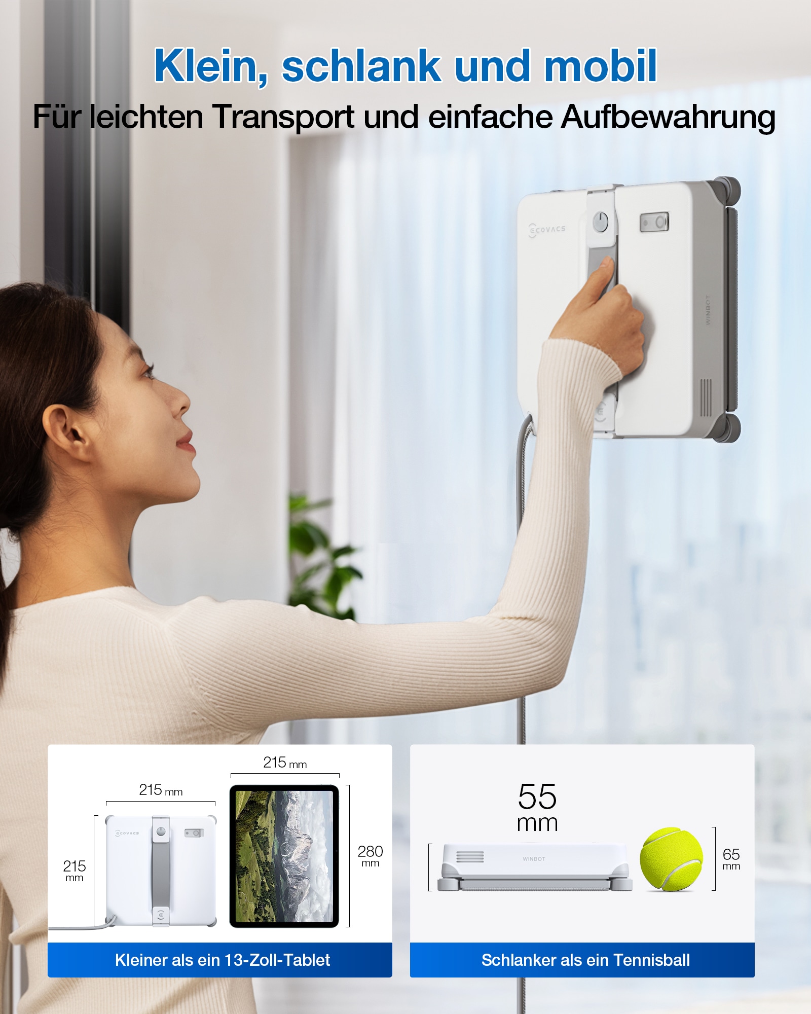 ECOVACS Fensterputzroboter »WINBOT Mini 2, inkl. Reinungslösung 230ml« 50ml Wassertank, Bürsten an allen Ecken, 3,5m Kabel