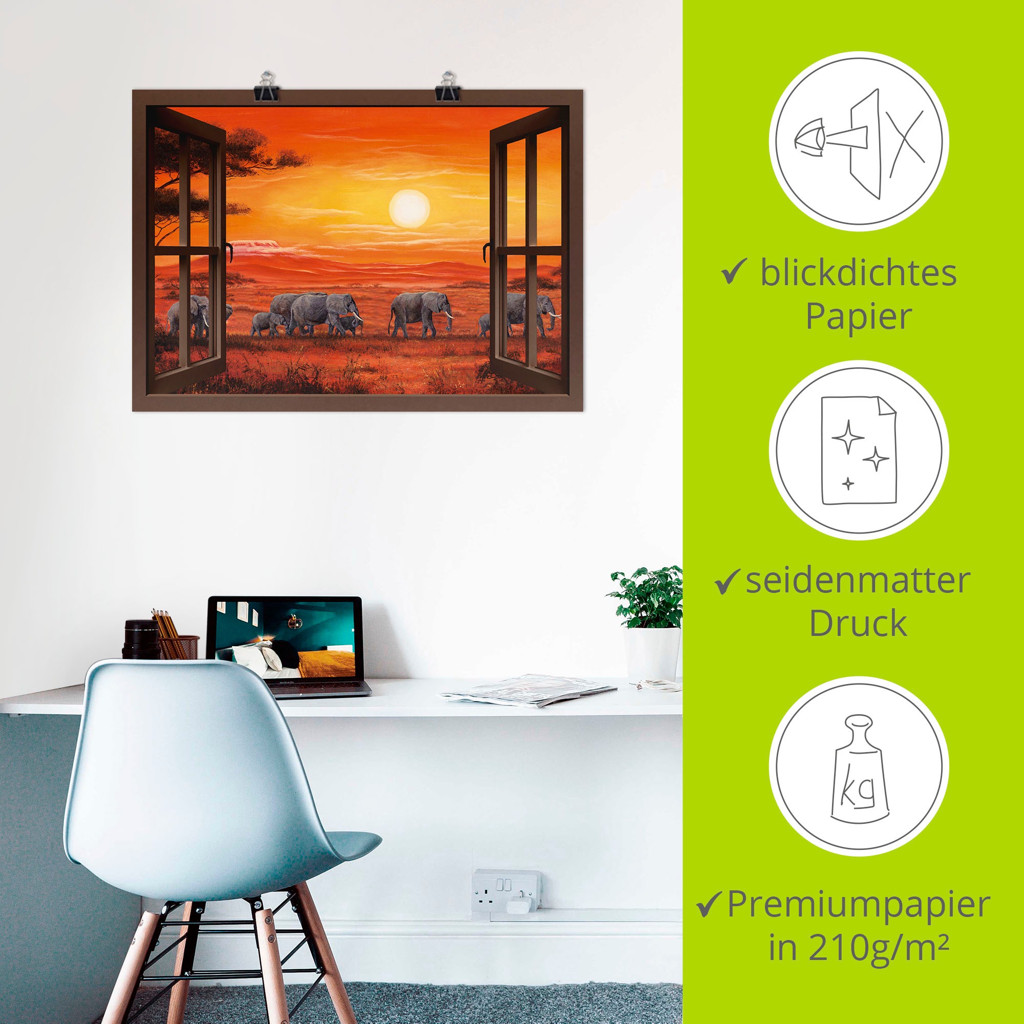 Artland Wandbild »Fensterblick - Elefantenherde«, Fensterblick, (1 St.), als Leinwandbild, Poster, Wandaufkleber in verschied. Größen
