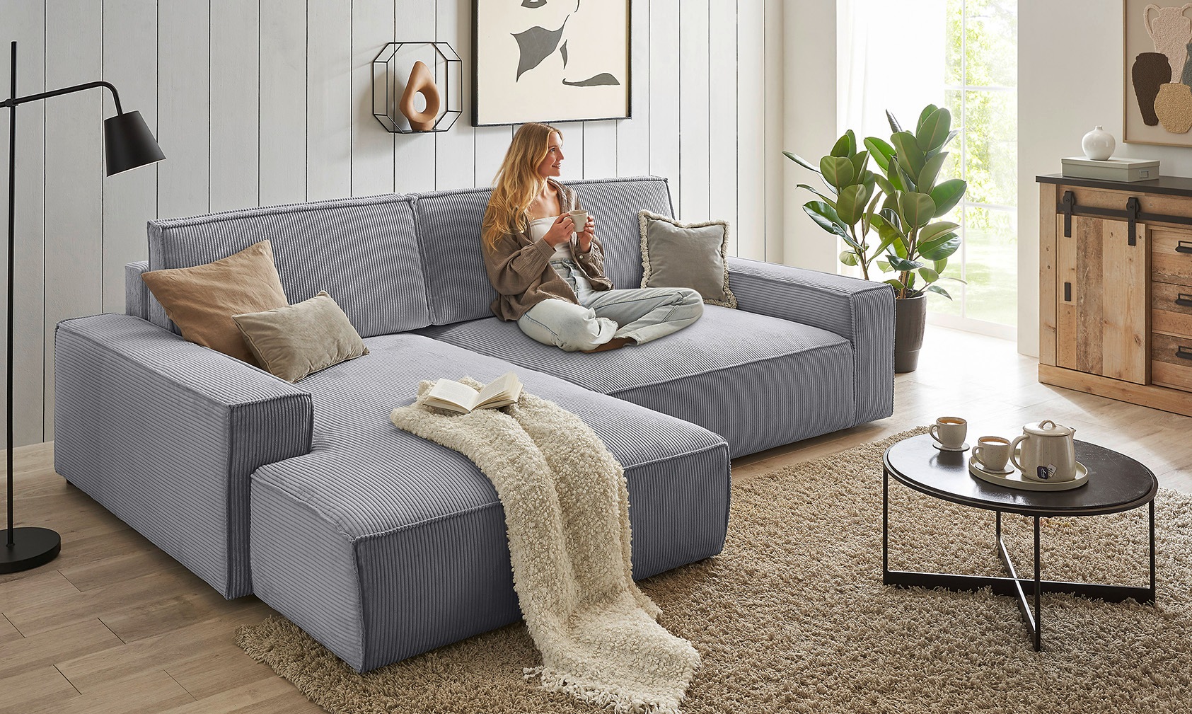 OTTO home Ecksofa "SHERWOOD XXL Cord 284, Big-Sofa L-Form, tiefe Sitzfläche 95 cm" Recamiere rechts/links, als Schlafsofa stellbar, Cord u. Leinenoptik