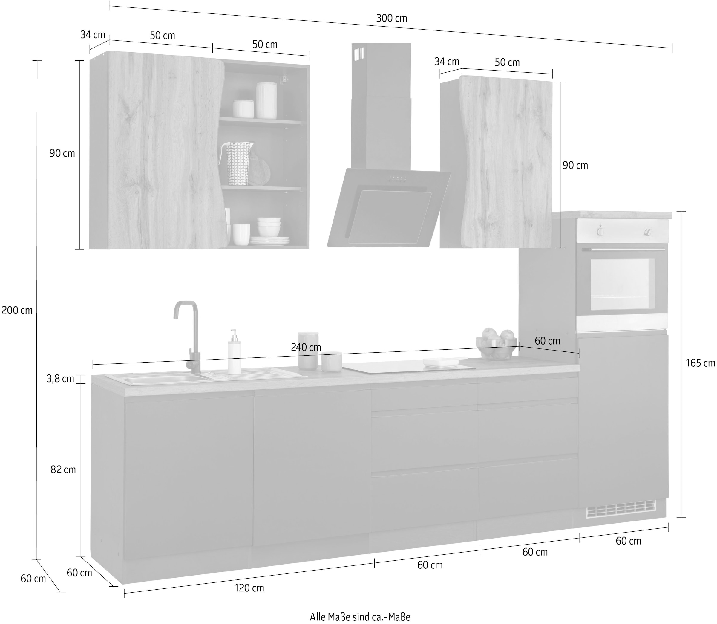 KOCHSTATION Küche »KS-Bruneck«, 300 cm breit, Ceran-oder Induktionskochfeld, hochwertige MDF-Fronten