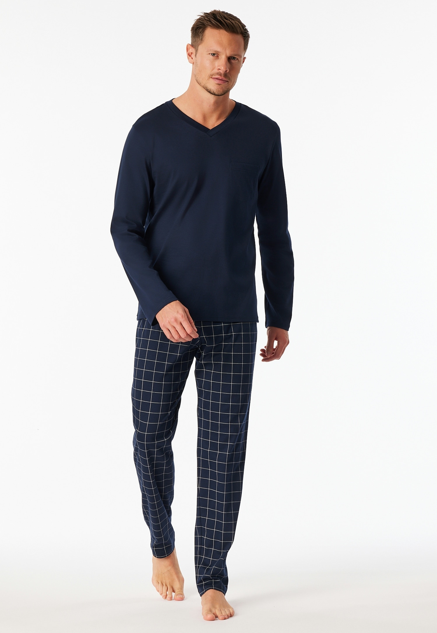 Schiesser Pyjama "Fine Interlock", 2 Stk. Oberteil in Uni, karierte Hose, V günstig online kaufen
