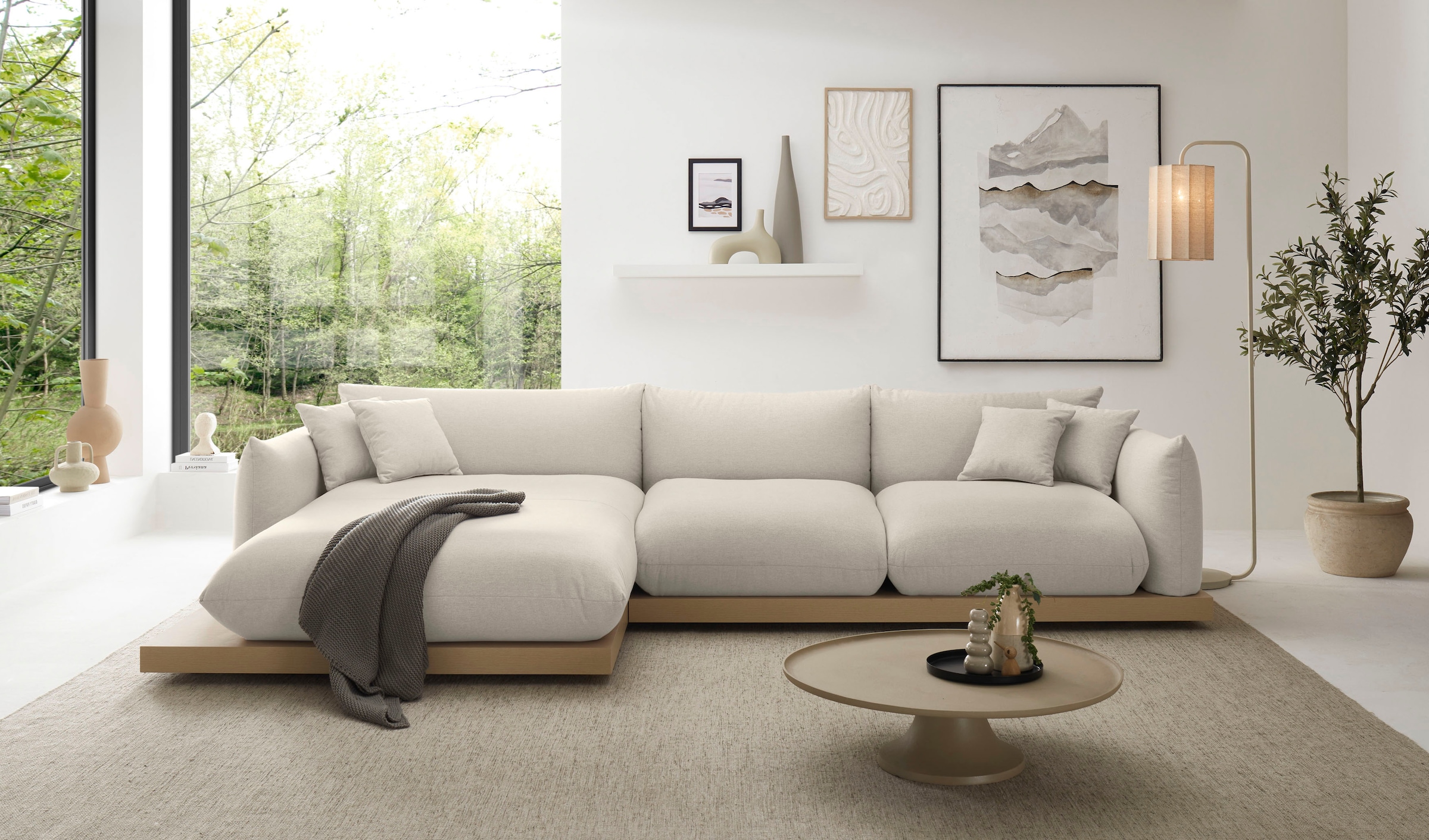 OTTO home Ecksofa »Kalix, Polsterecke mit kräftigem Holz-Plateau, moderne Couch in L-Form«, wahlweise Recamiere links o. rechts, Strukturstoff, hoher Sitzkomfort