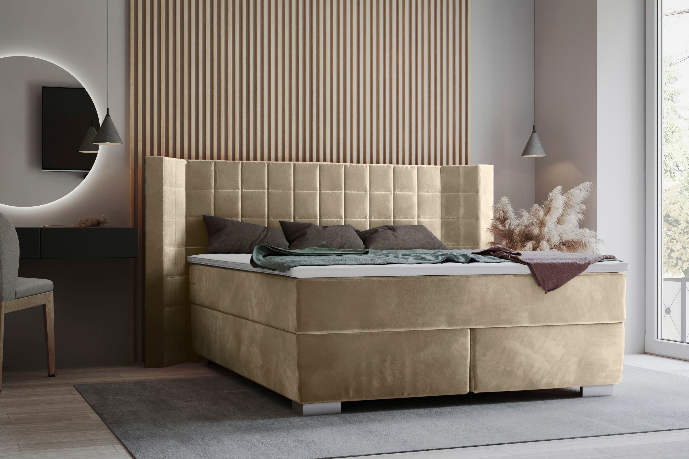Boxspringbett HOME AFFAIRE "Piazza", beige (cream), B:181cm L:210cm, Strukturstoff-Bezug (100% Polyester);Samtvelours (100% Polyester), Komplettbetten, Boxspringbett, mit Steppung und Kopfteil mit seitlichen Flügeln