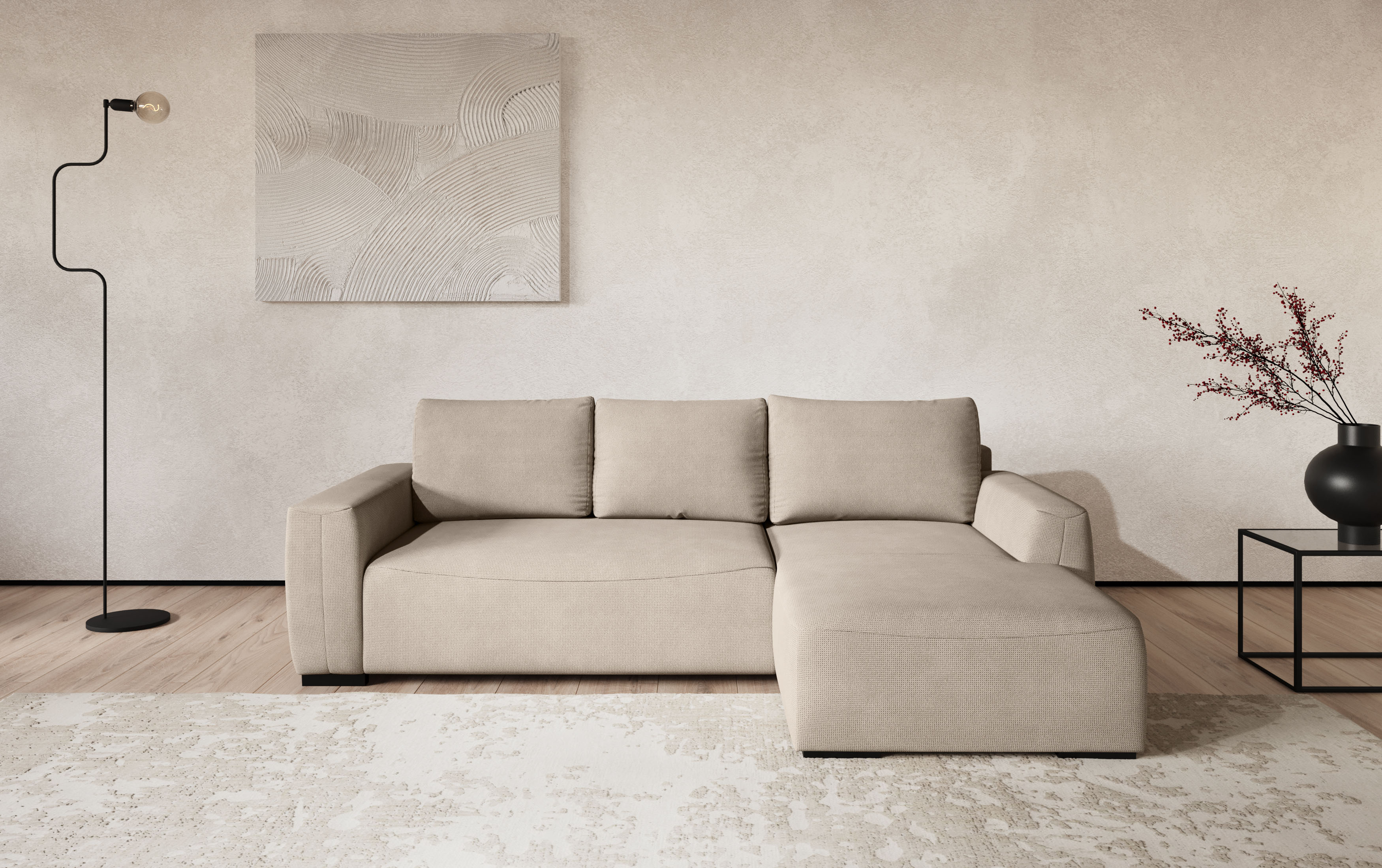 COTTA Ecksofa "Giro L-Form,B: 252 cm, abgerundete Kanten, bequeme Wellenunterfederung" +PUR Schaum, opt. Schlaffunktion + Bettkasten,LF 202x128cm Trendstoffe