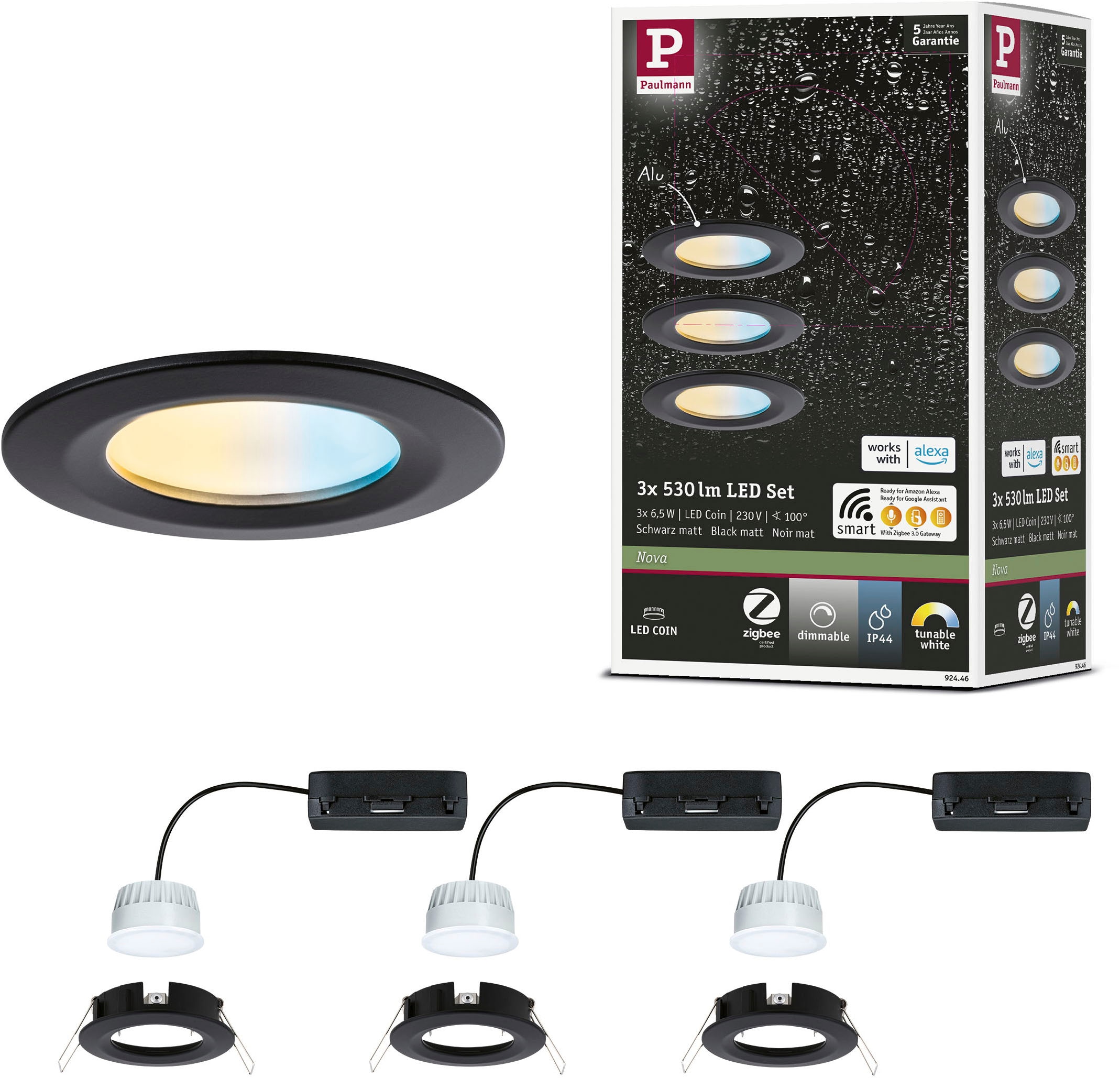 Paulmann "LED Einbauleuchte Nova Coin IP44 rund 78mm" LED-Modul 3 Stk. Tageslichtweiß Memoryfunktion, Farbwechsler, Farbsteuerung, Dimmer, Smart Home