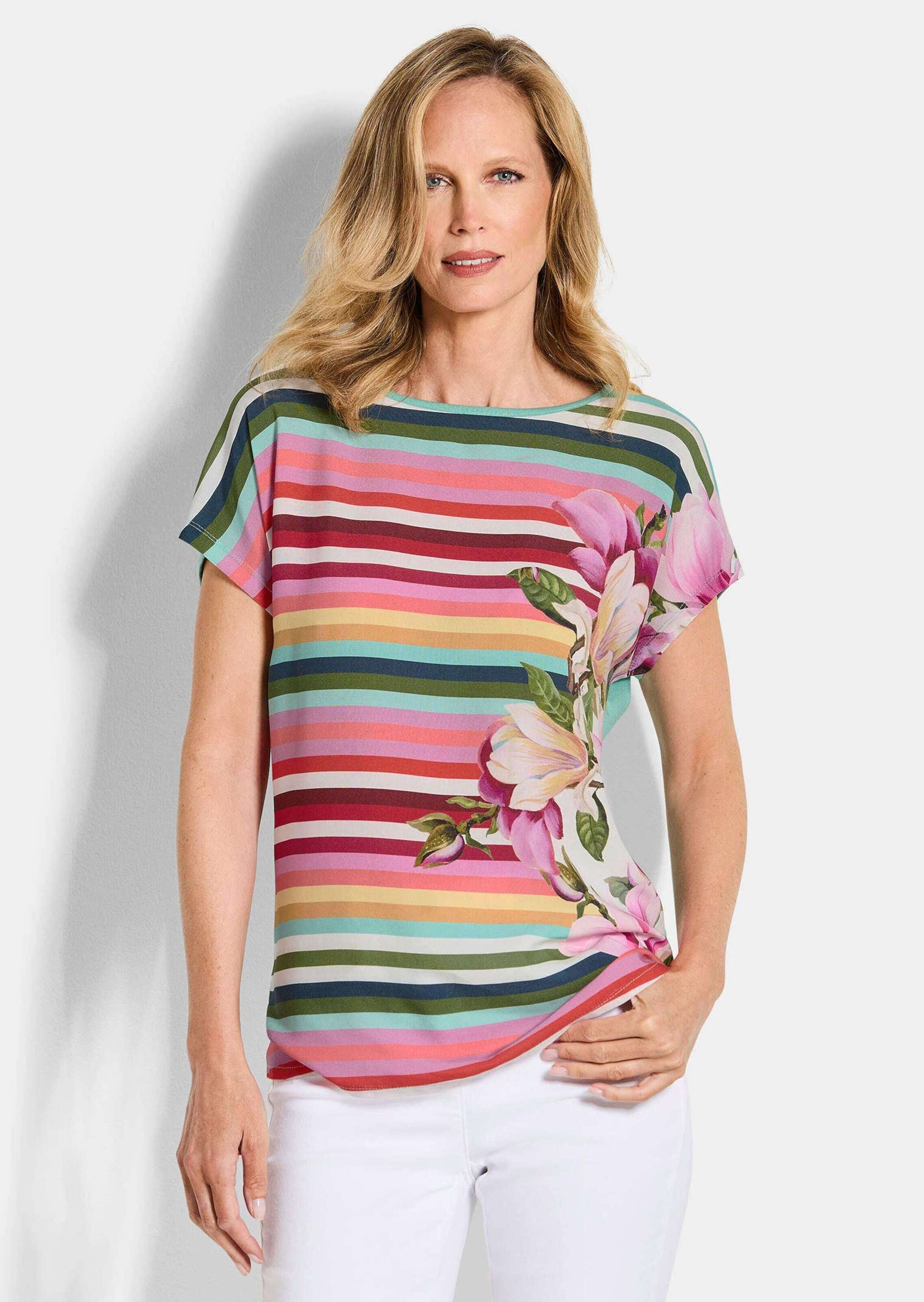 Thumbnail - GOLDNER Schlupfbluse "Kurzgröße Streifenshirt mit floralen Akzenten" Rückteil aus stretchbequemen Viskosejersey