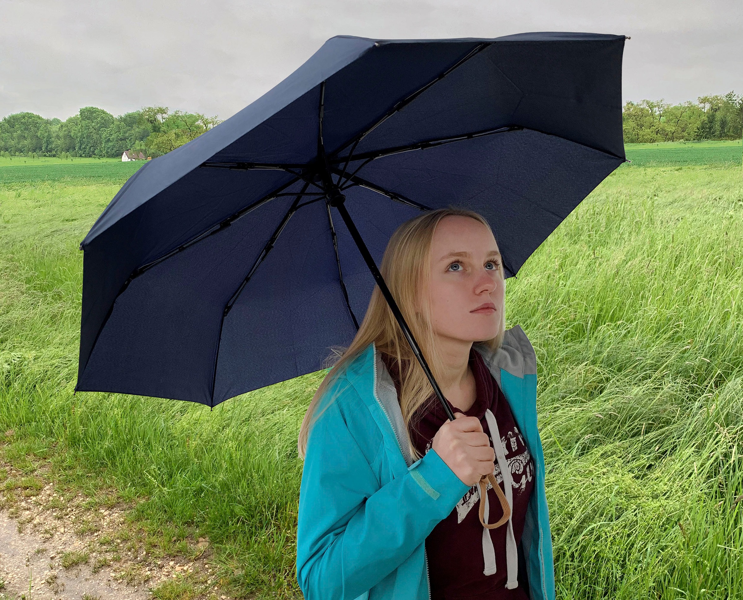 EuroSCHIRM® Taschenregenschirm »Taschenschirm 32P7-PET«, Taschenregenschirm 32P7-PET, marineblau, Automatik, Buche Holzgriff