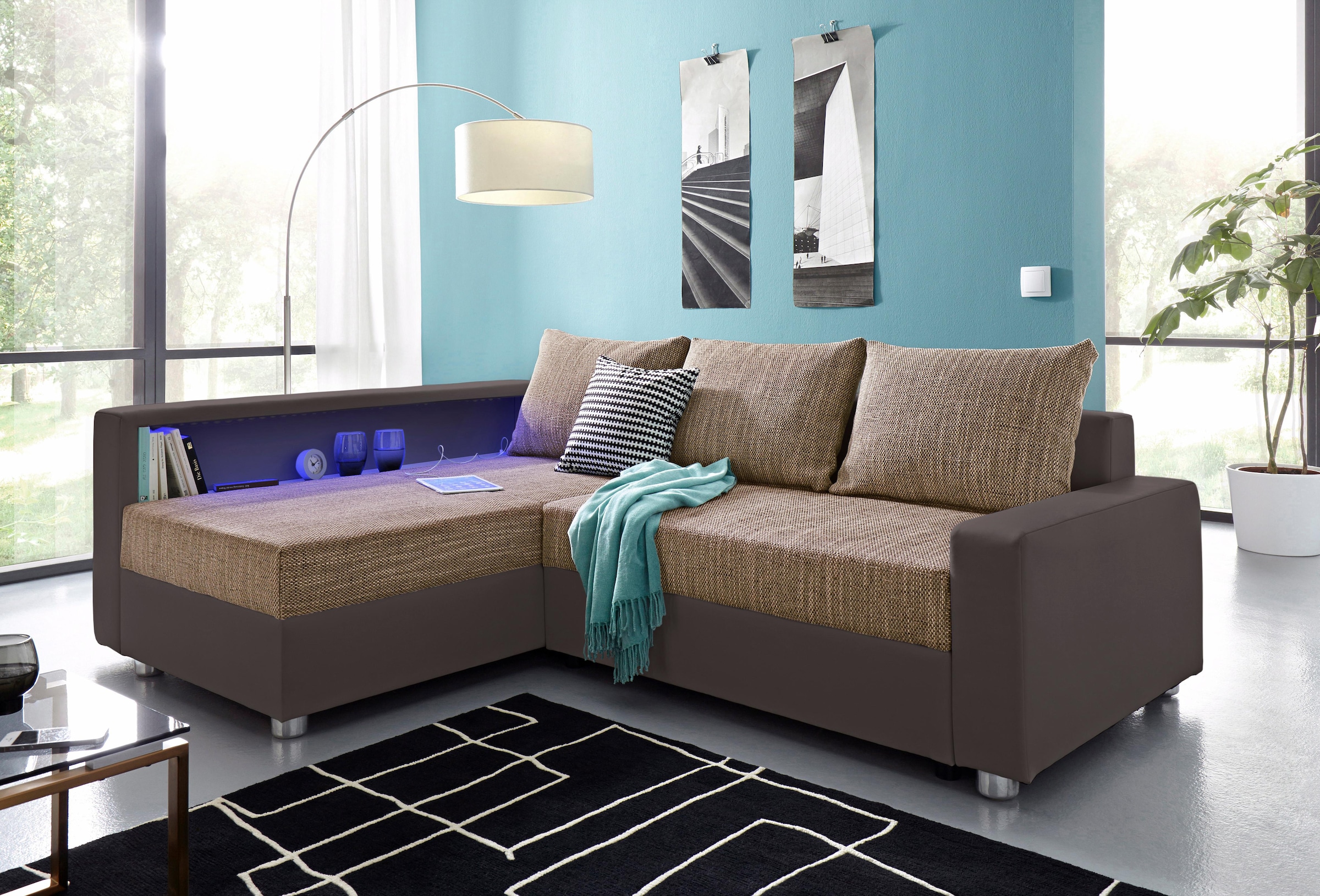 COLLECTION AB "Relax L-Form, B: 223 cm" Schlaffunktion, Bettkasten, Regal & 1 Zierkissen, optional Licht