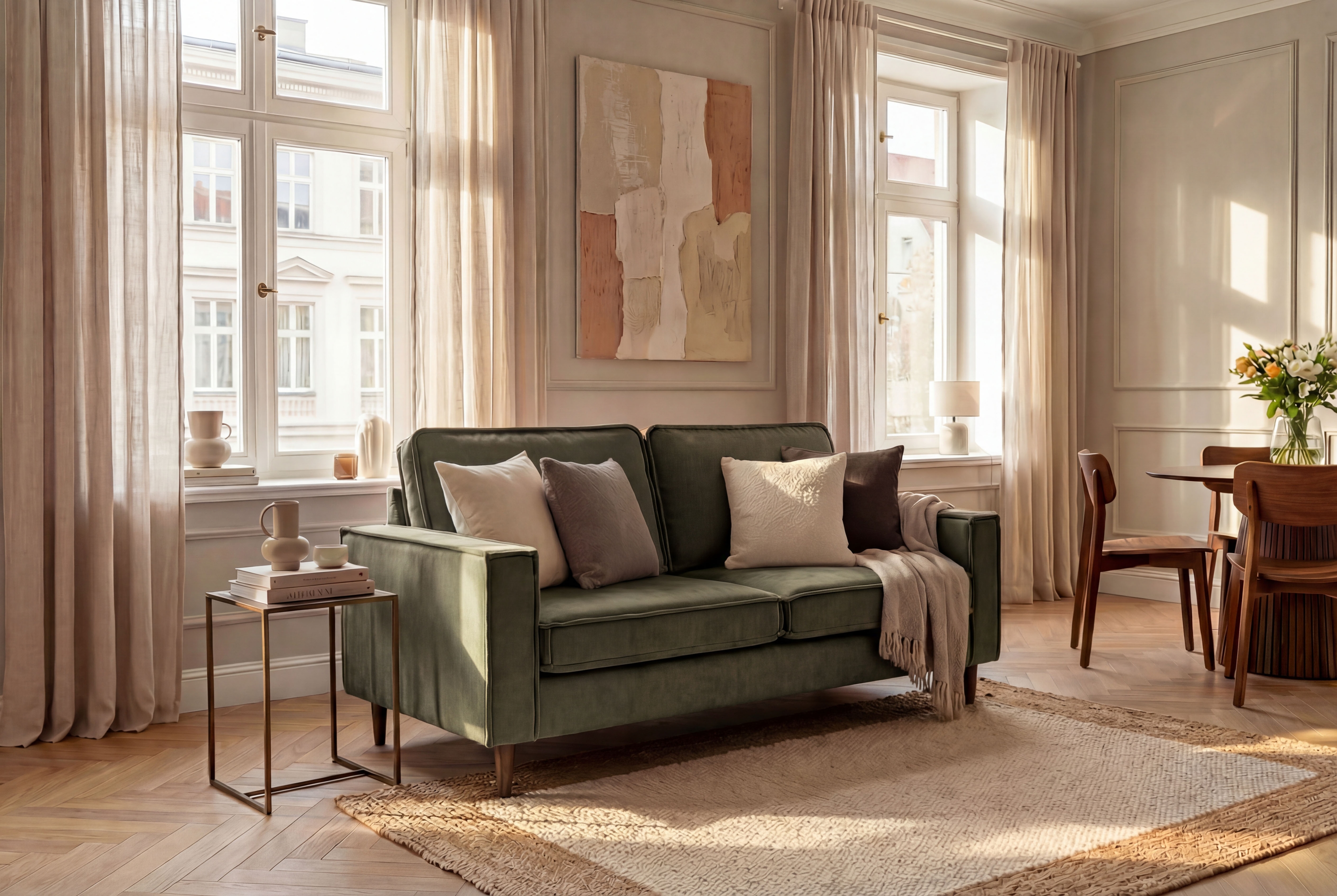 OTTO home 2-Sitzer "Pinto Skandi, 166 cm, Chenille, Struktur" mit Keder, Massivholzfüße Eiche geräuchert, Wellenunterfederung