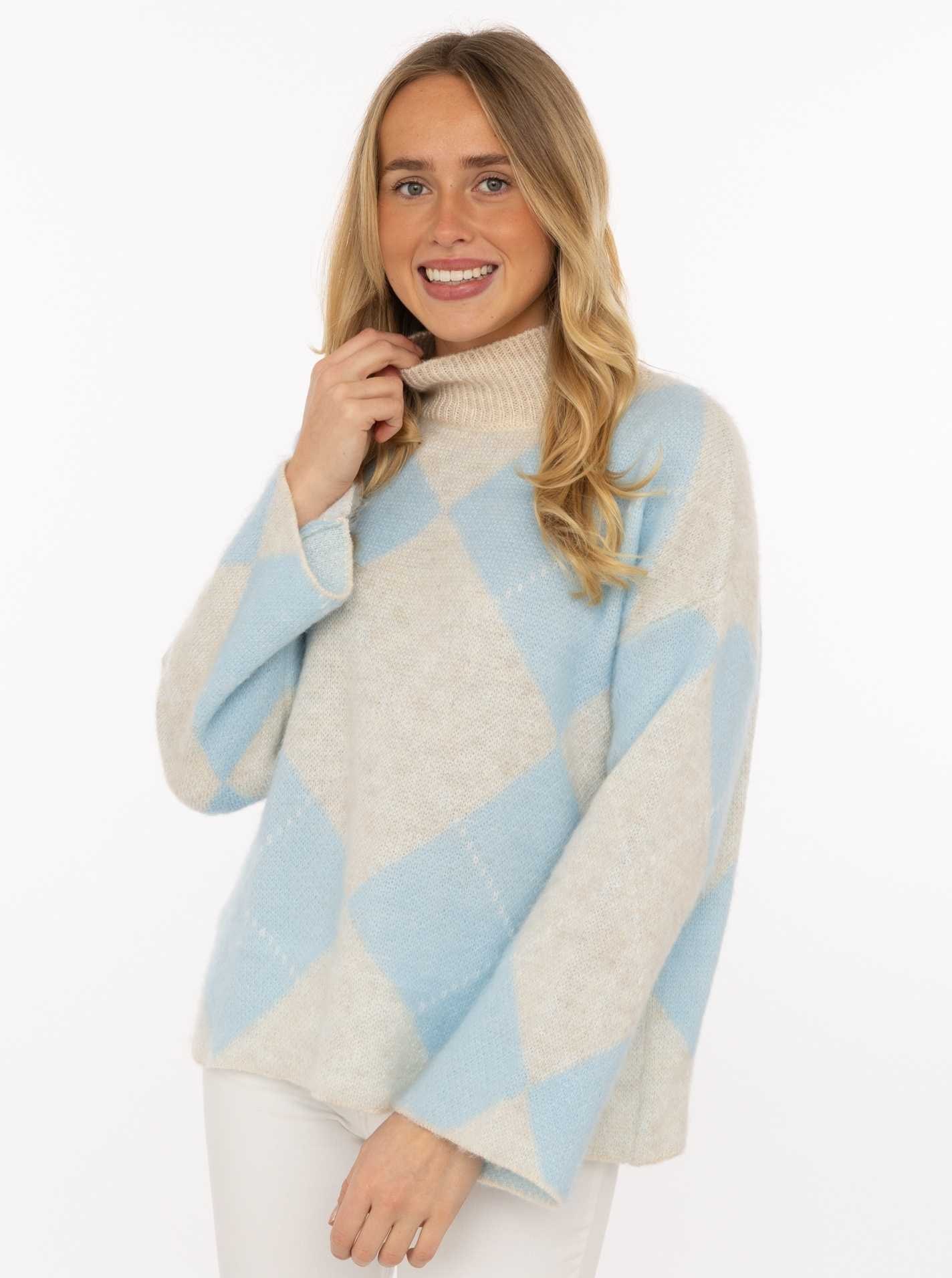 Zwillingsherz Rollkragenpullover ""Argyle"" großes Rautenmuster, hoher Kragen, Strick, One Size