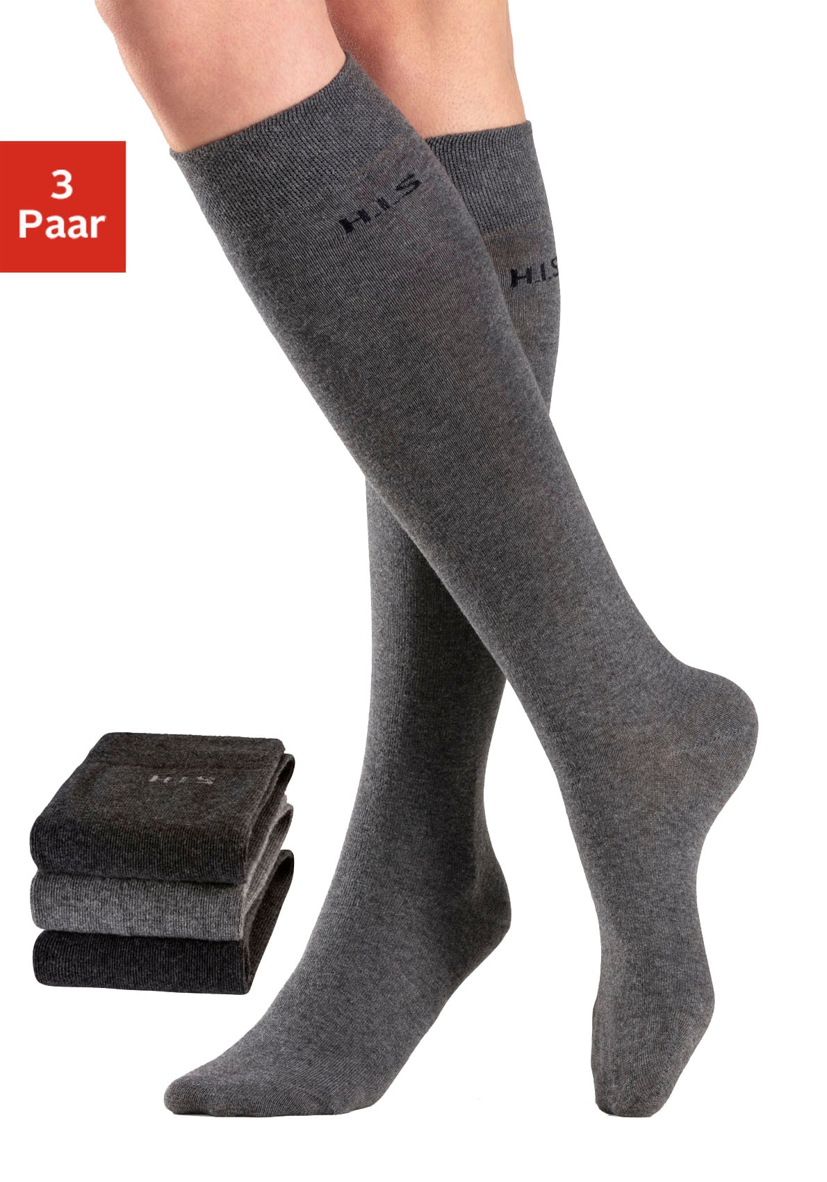 H.I.S Kniestrümpfe Packung, 3 Paar tlg. ohne einschneidendes Bündchen günstig online kaufen