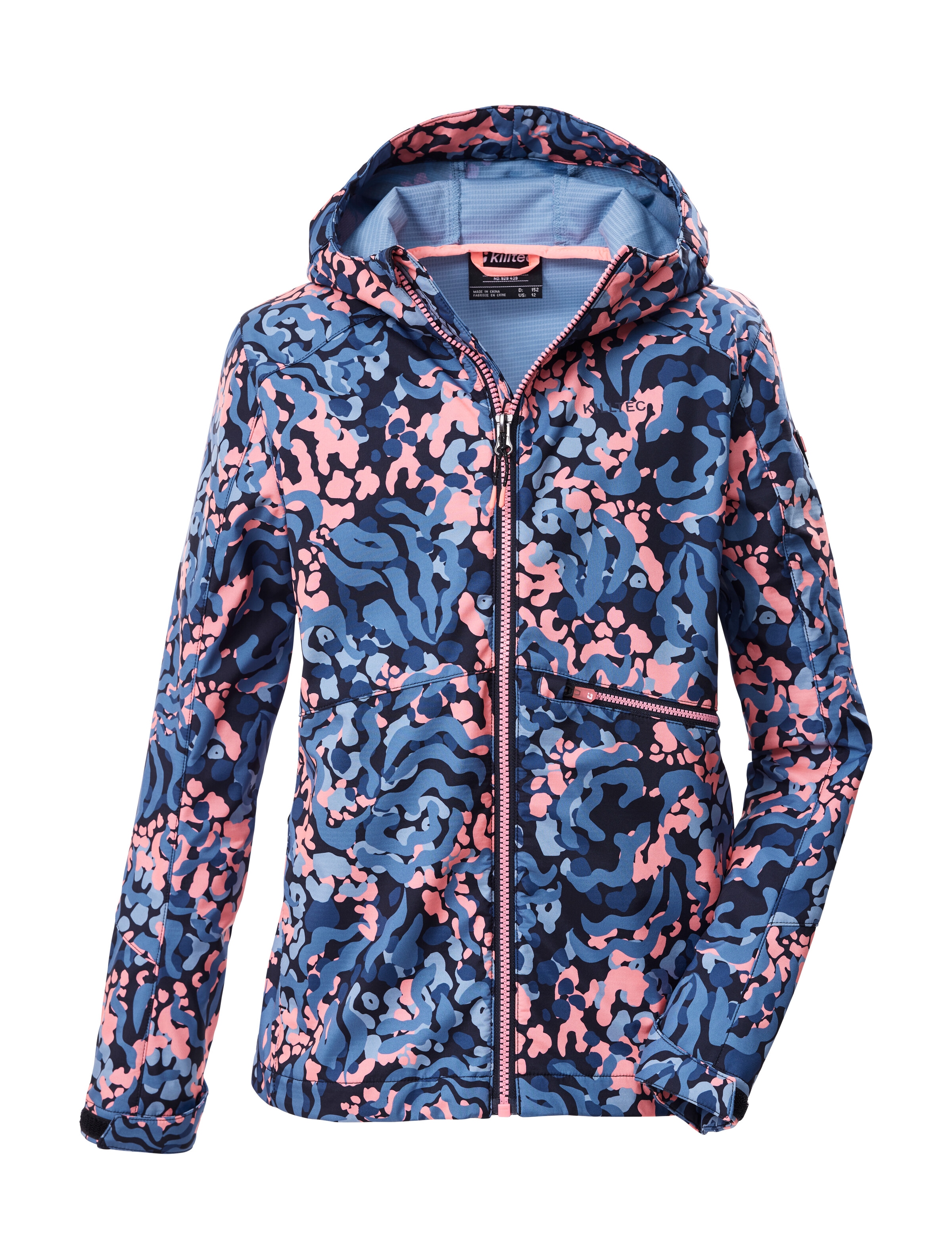 Softshelljacke KILLTEC "KOS 154 GRLS SFTSHLL JCKT", Mädchen, Gr. 140, navy, Oberseite: 100% Polyester;Rückseite: 100% Polyester;Futter: 100% Polyester, Jacken Softshelljacke, Wind- und wasserabweisende Kinderjacke mit buntem Print